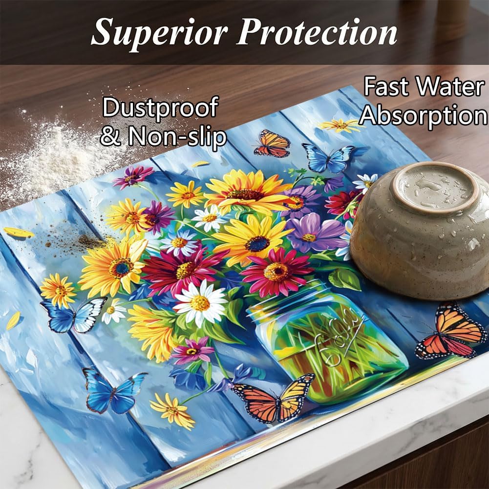 INFUNLY Mason Jar Silicone Microwave Top Mat 18.1x14.2in Counter Protector Mat Sunflower Butterfly Non-Slip Cover Mat Heat Proof Retro Countryside Microwave Air Fryer for Kitchen Counter Protection