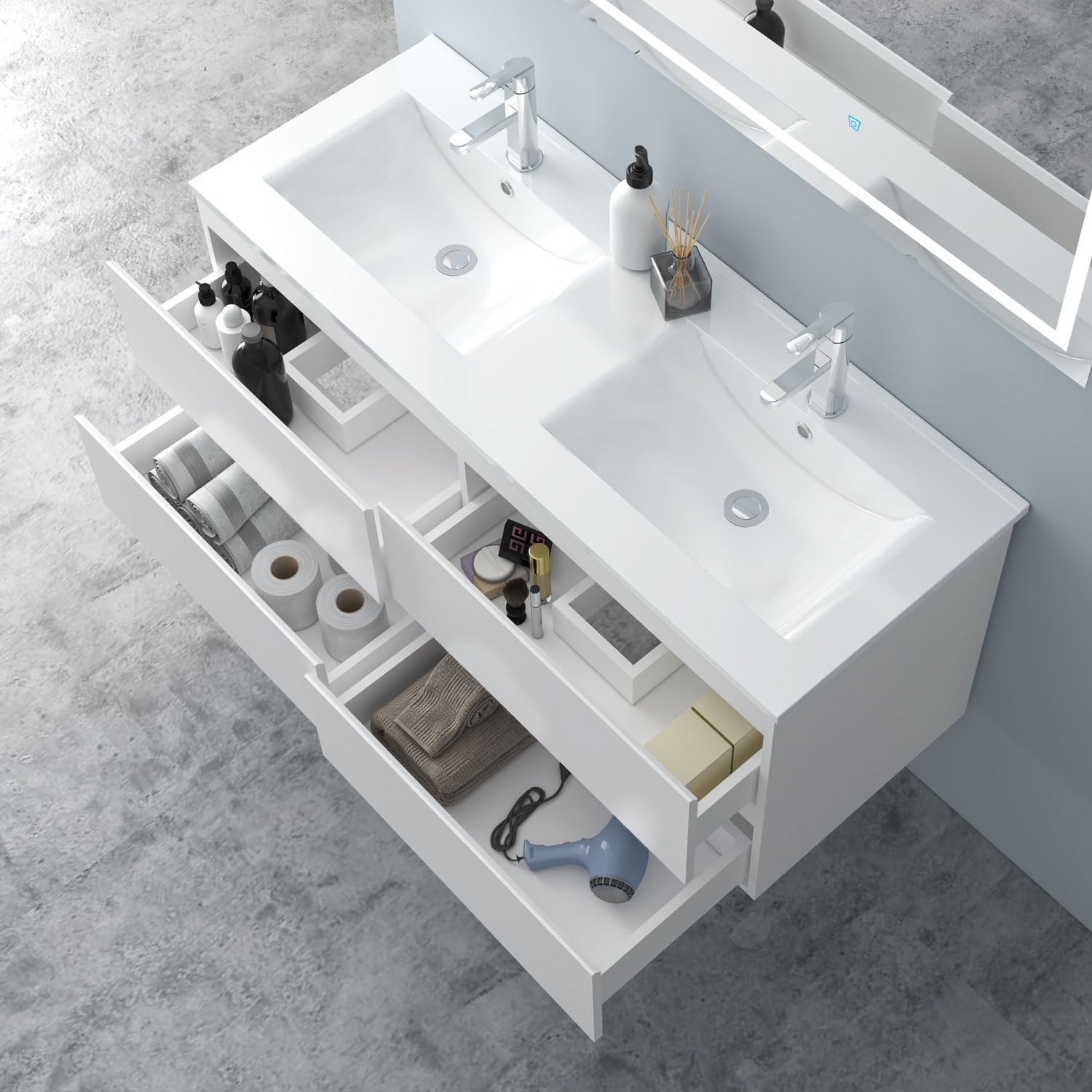Badezimmermöbel 120cm Keramik Waschtisch mit Unterschrank Badmöbel Set Badezimmerschränke mit 2 Soft-Close Schubladen Hochglanz Weiß