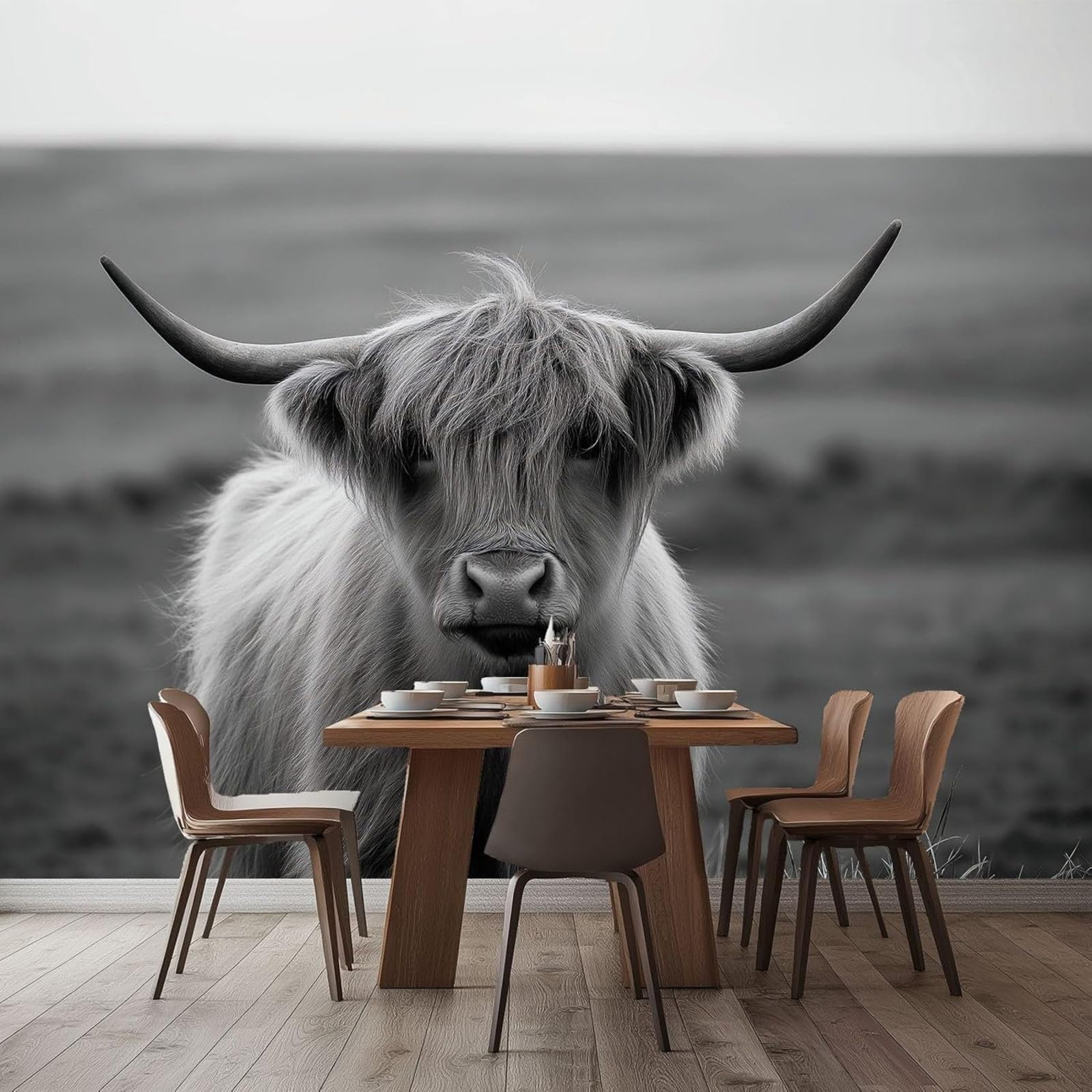 3D Photo Wallpaper Animals Grassland Cows, Grey Wall Mural Non-woven Wall for Living Room Bedroom Children's Room TV Background Modern Wall Decoration, 400cm x 280cm Stickers - Frameless Painting - Po