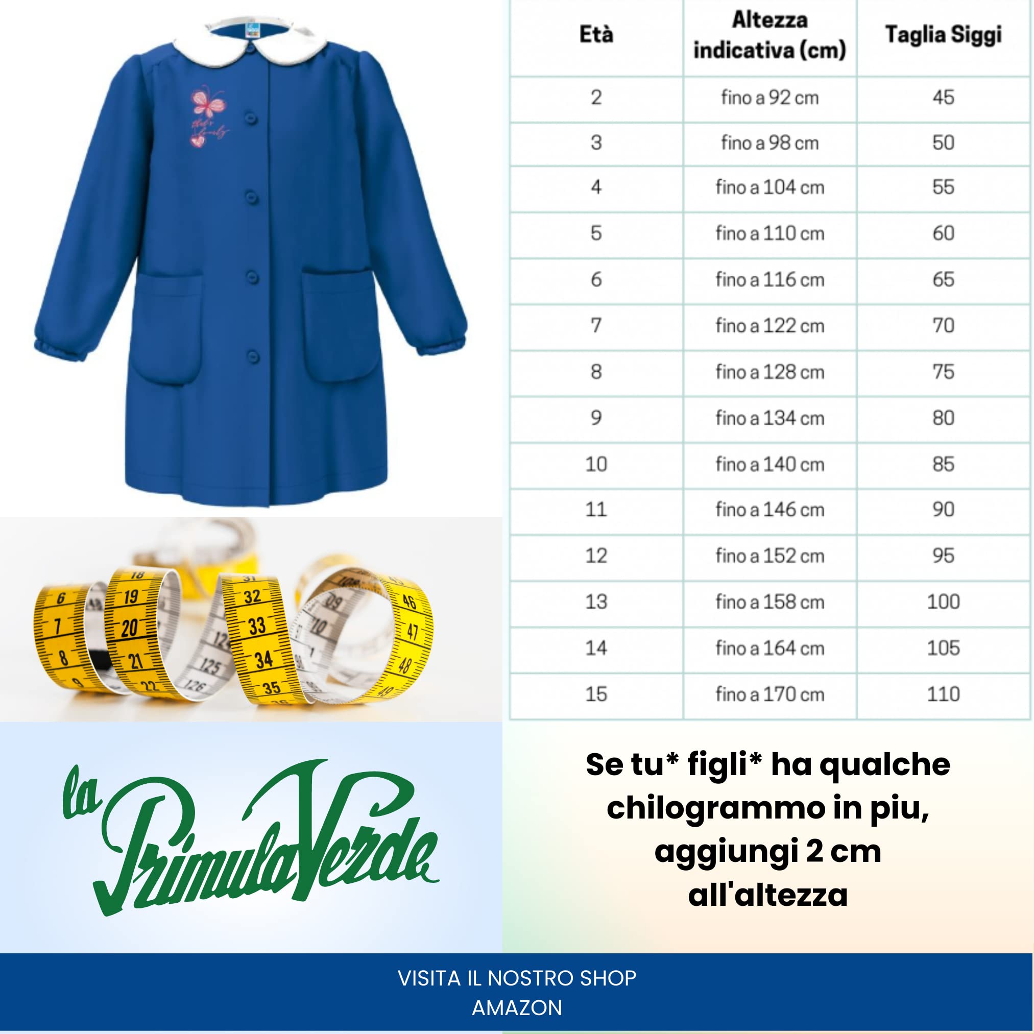 La Primula Verde, Grembiule Scuola Elementare Infanzia da Bambina, Blu, Bottoni, Con e Senza Logo, dai 6 ai 15 anni. Colletto Siggi Bianco acquistabile a Parte per Elementari e Medie