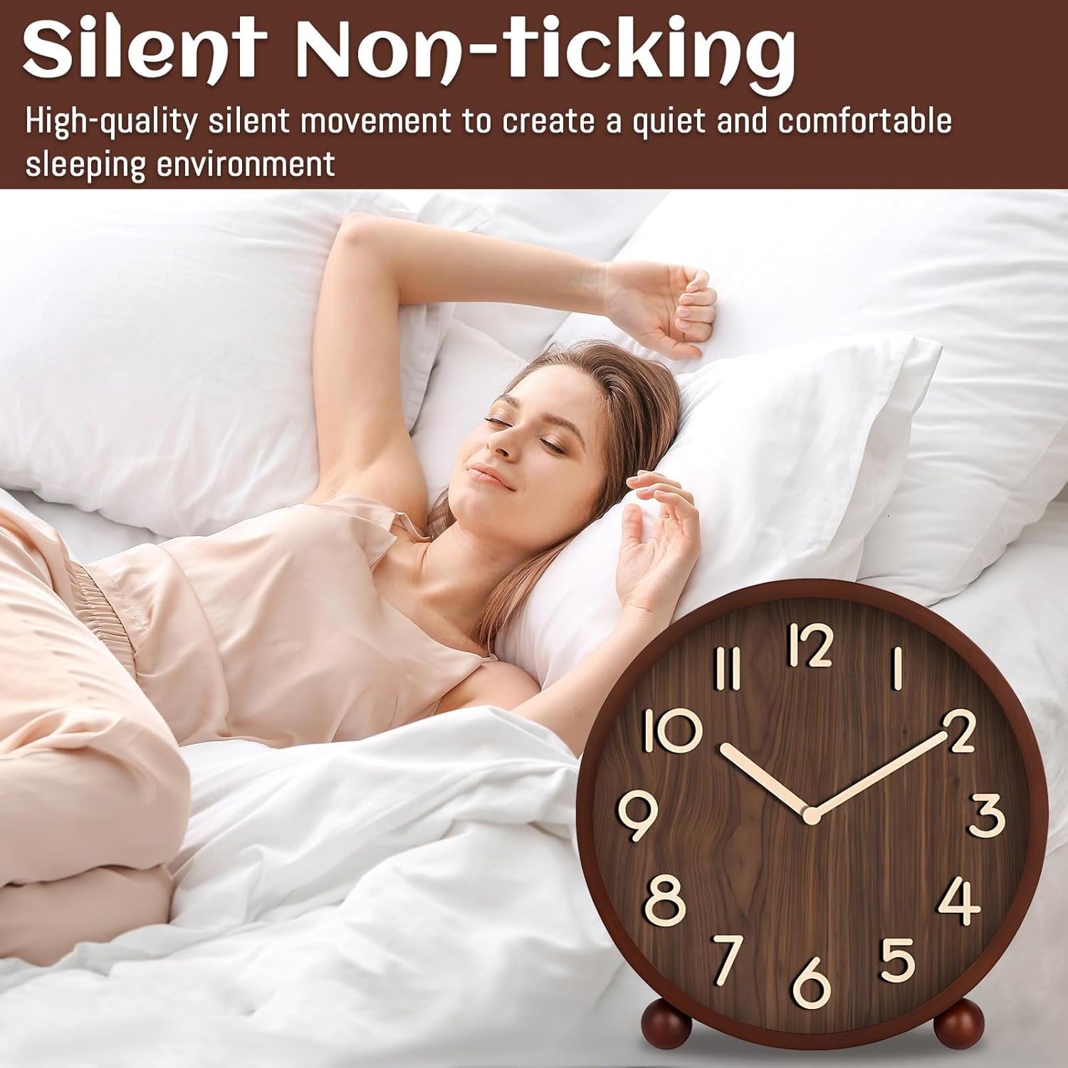 Maxspace Table Clock,Silent Non-Ticking Wooden Desktop Clock,Battery Operated Decorative Desk Clock for Living Room Office Bedroom Decor (Dark Brown)