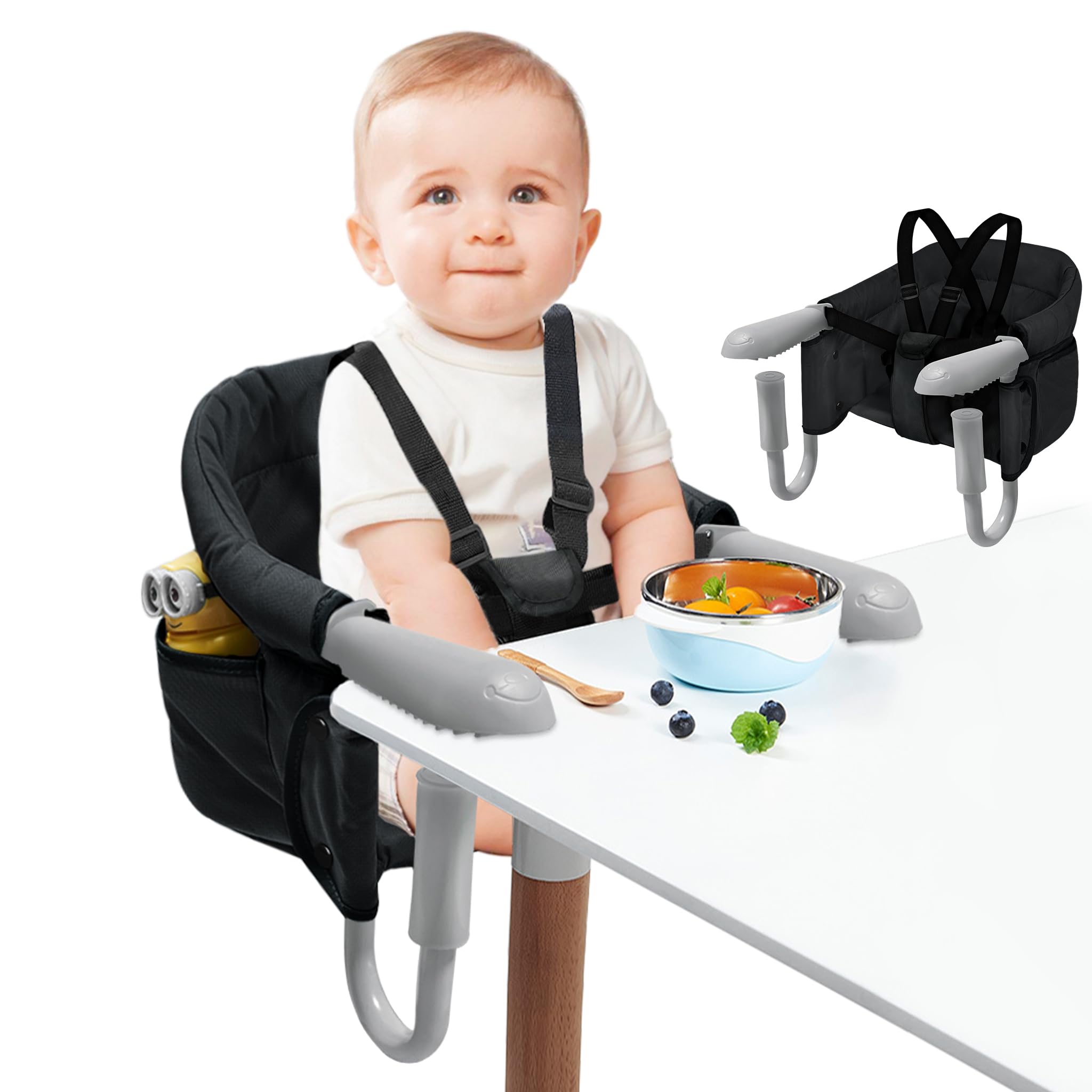 FIVMEN Seggiolino da tavolo pieghevole per bambini, con cintura di sicurezza monopezzo e schienale imbottito per casa e in viaggio, fino a 15 kg, nero