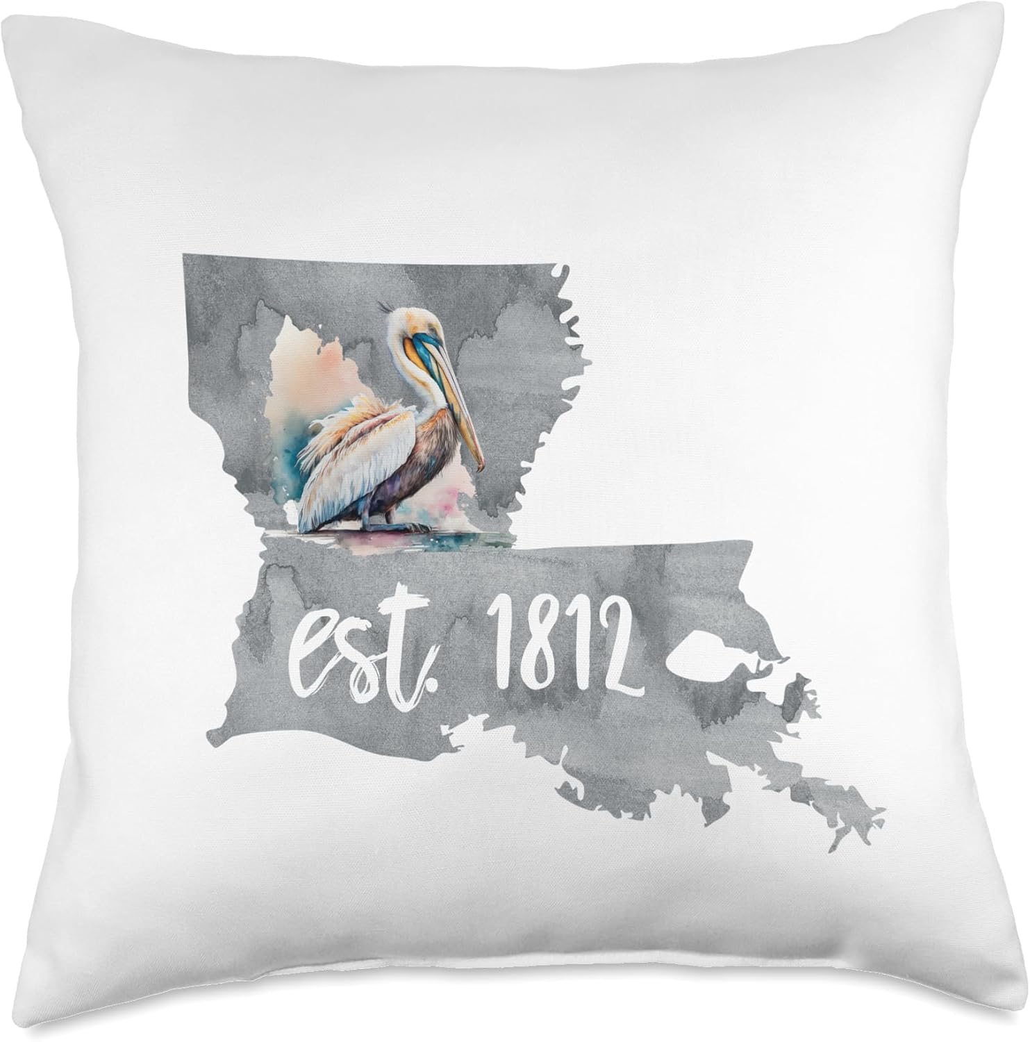 Louisiana State Est 1812 Bayou Pelican Watercolor LA Love Throw Pillow