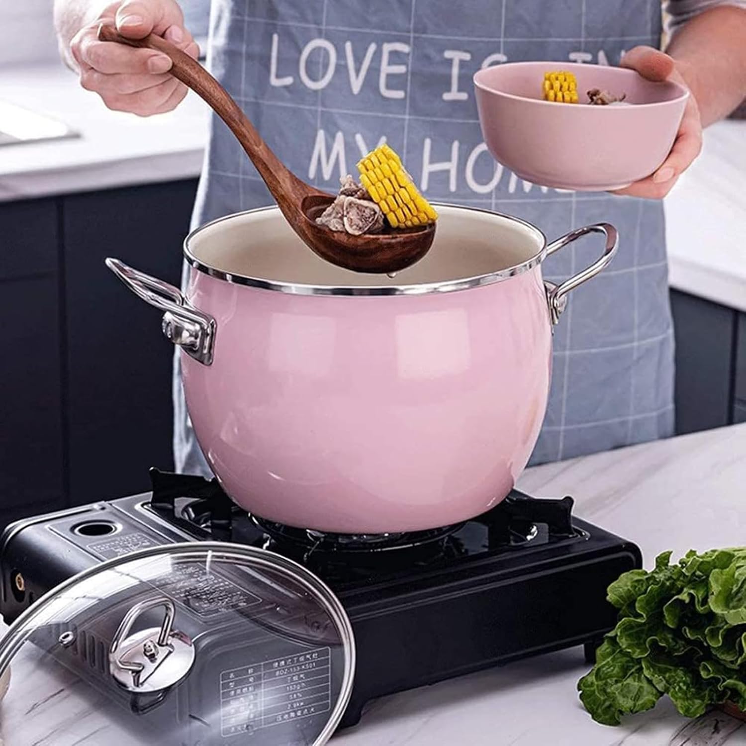 Enamel Stockpot Set with Glass Lid Nonstick Enamel on Steel Stock Pot Enamelware Cooking Pot Large Simmer Pot with Handle for Induction Cookers and Stove,Pink,7inch