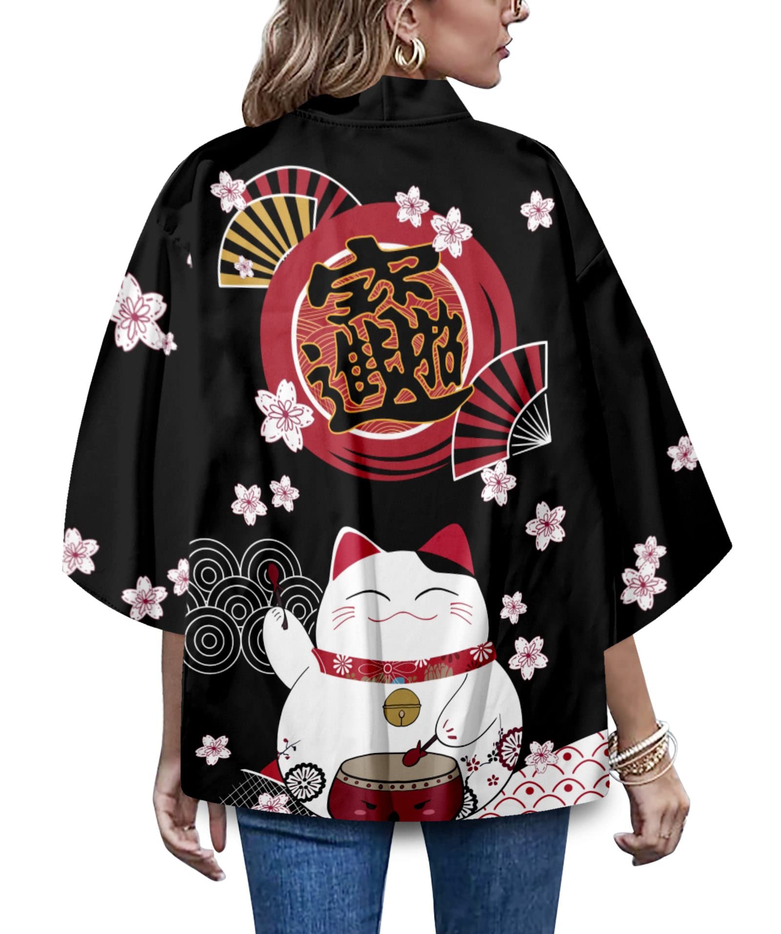 Women's 3/4 Sleeve Japanese Shawl Kimono Cardigan Tops Cover up OneSize US S-XL