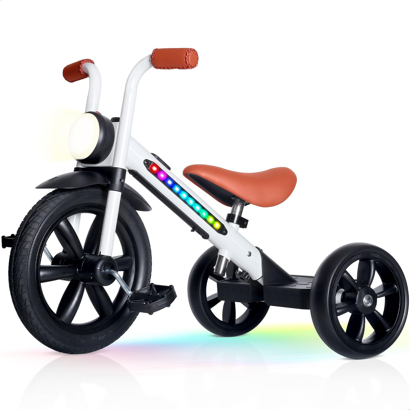 KRIDDO Kids Tricycle, 12 Inch Puncture Free Wheel w Front Light, Adjustable Seat Height, Gift for 2-5 Year Olds, WhiteLED