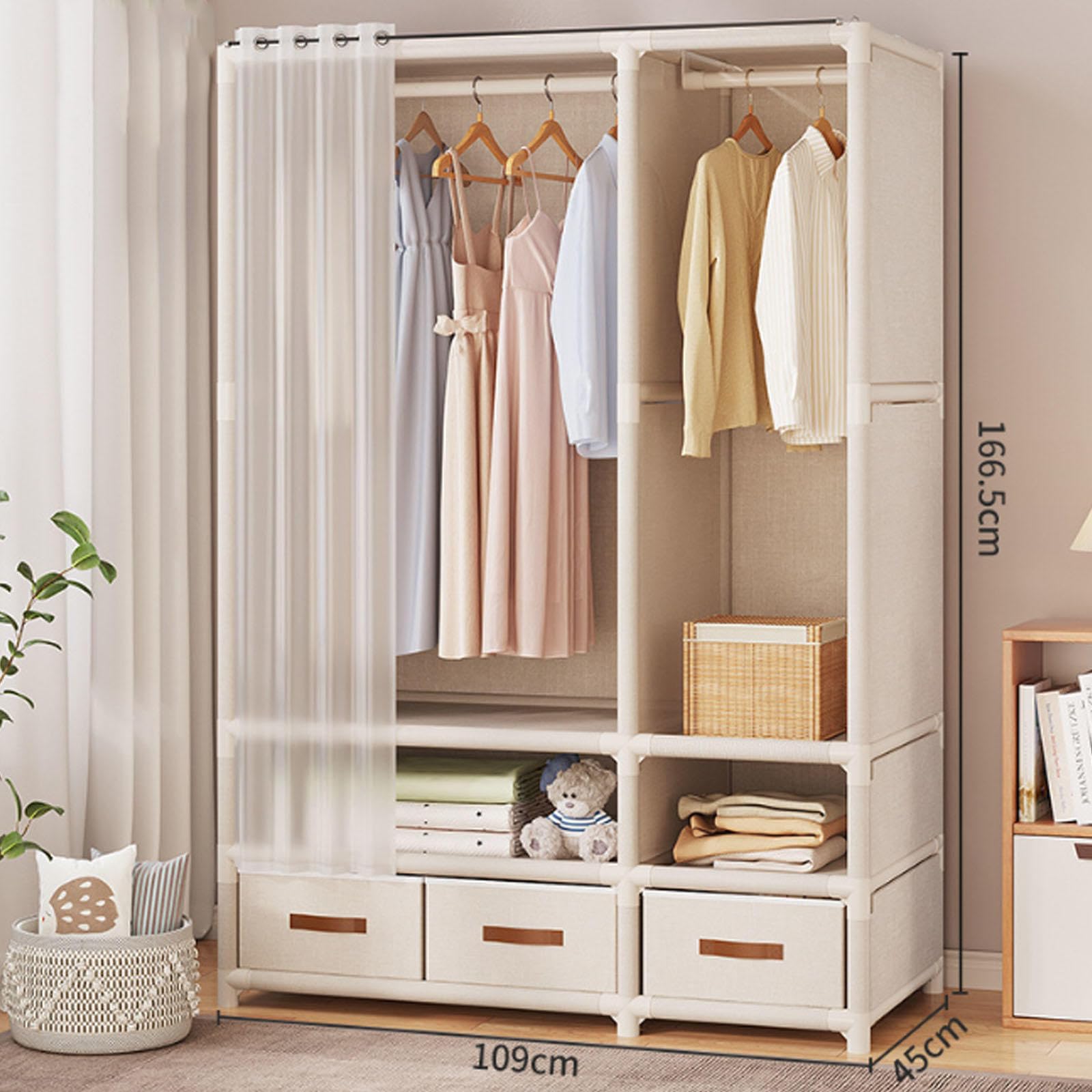 Tragbarer Kleiderschrank, mit Regalen, für Kleidung, Taschen – Stoff-Kleiderschrank, mit Schublade für Schlafzimmer – Kleiderschrank Leinwand Organisationslösung