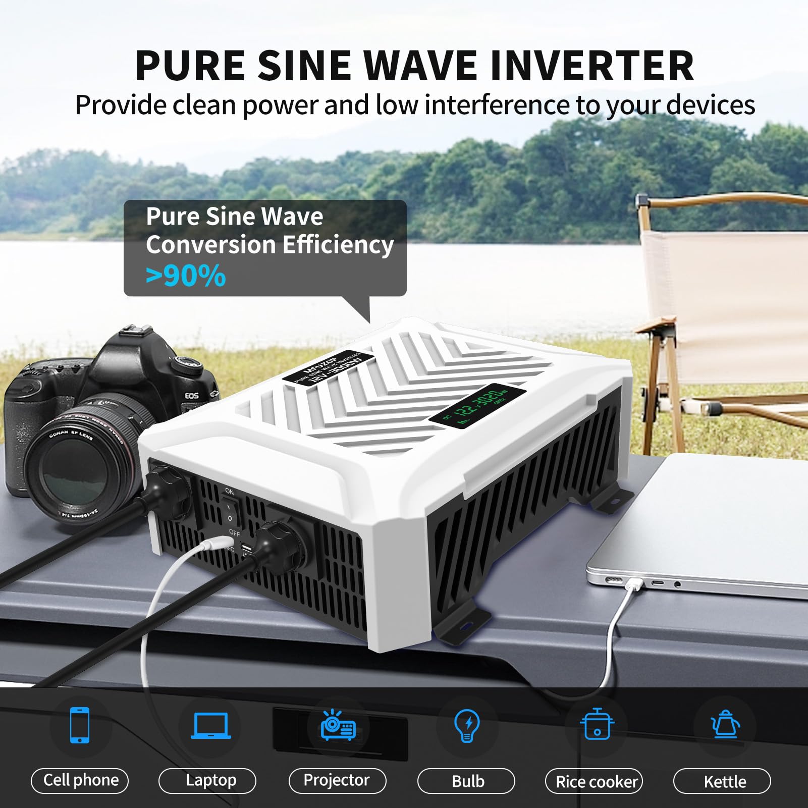3000W Wechselrichter 12V auf 230V Reiner Sinus, Spanungswandler 6000W Spitze, Power Inverter mit 2 EU Steckdosen,1 USB-C & 1 USB-A Anschluss,LCD-Anzeige,Wohnmobil LKW Solaranlage Kfz(12V-3000W)