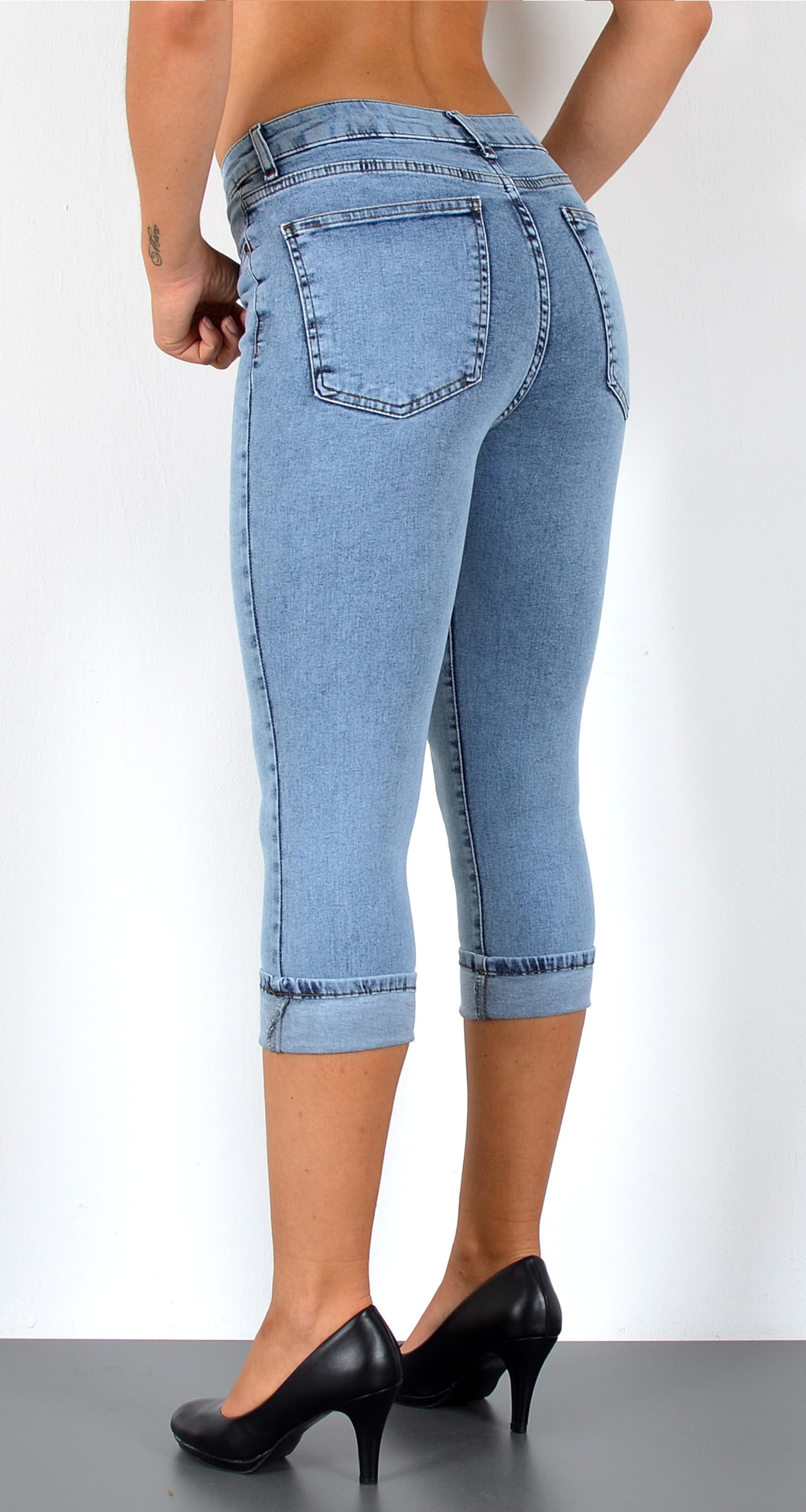ESRA Damen Capri Jeans Hose Damen Caprihose 3/4 Jeans-Hose kurz bis Übergröße C15