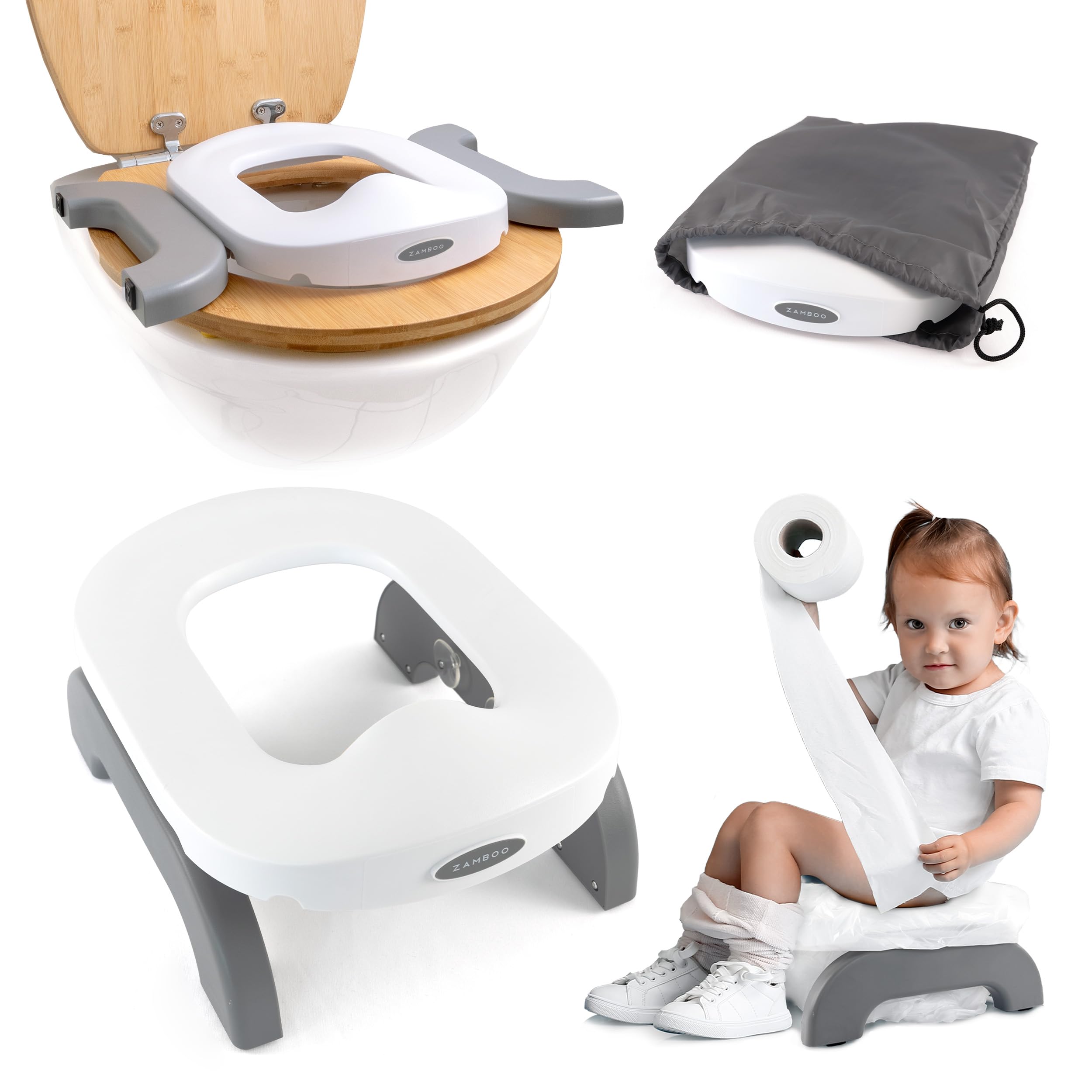 Zamboo Toilette Portable Enfant 3en1 – Pot Bebe & Réducteur Toilette pour Enfants dès 15 mois | Pot Pliable Enfant Voyage et Maison, Anti-Eclaboussure, Utilisable avec Sacs Jetables, Gris