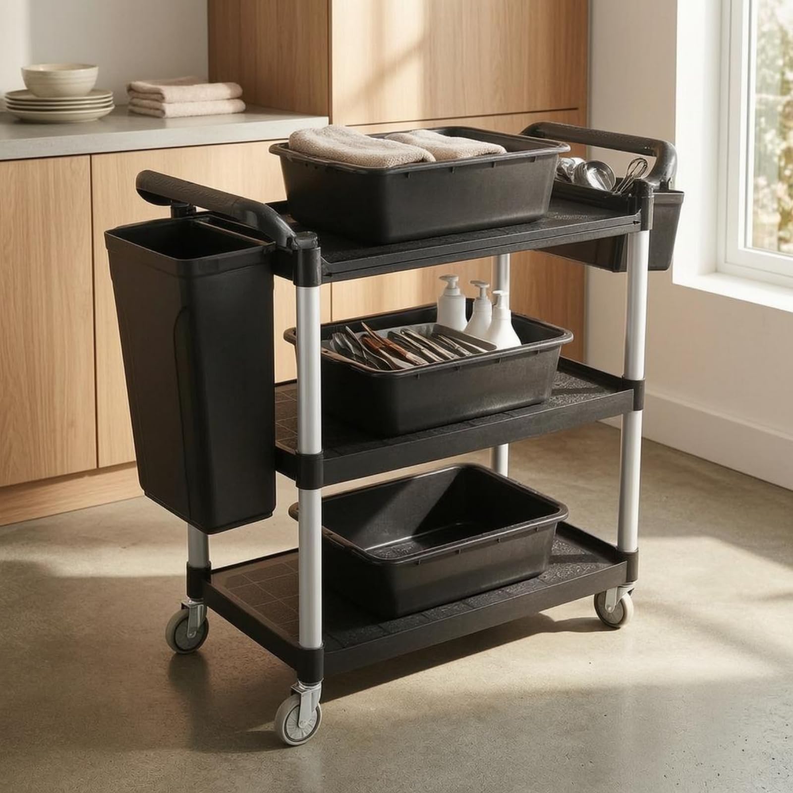predolo Carro Camarero Triple Niveles Gran Capacidad Carro Servicio con Ruedas Multiuso Mueble Rodante para Restaurante, Gris, Grande, Tres Cubetas, Dos Cubos, Ruedas Silenciosas