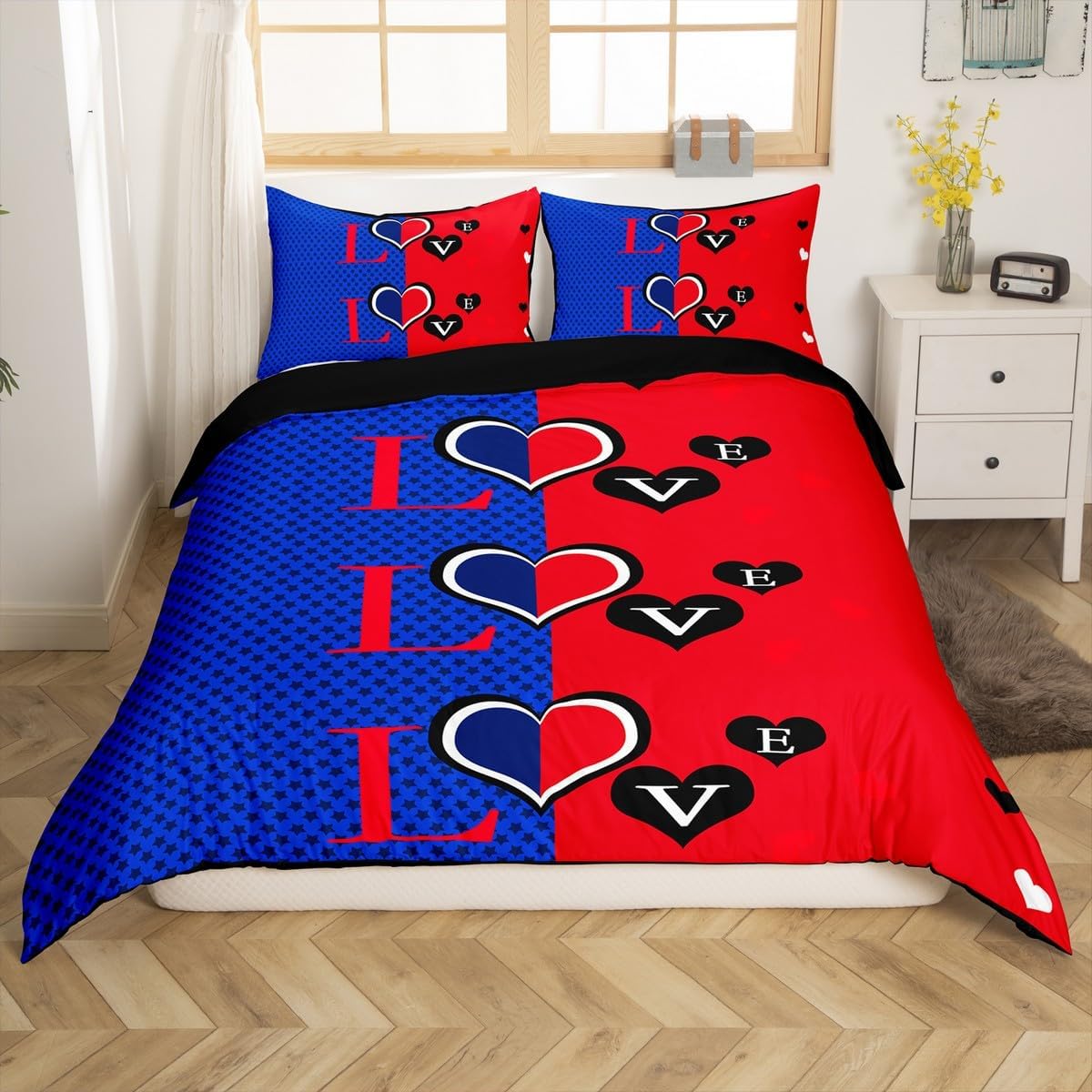 Couple Wedding Duvet Cover Set - Blue Red Love Heart Bedding Set, Ultra Soft Stars Heart-Shaped Comforter Cover, Anniversary I Love You Gift for Her, Romantic Valentine's Day, Queen Size