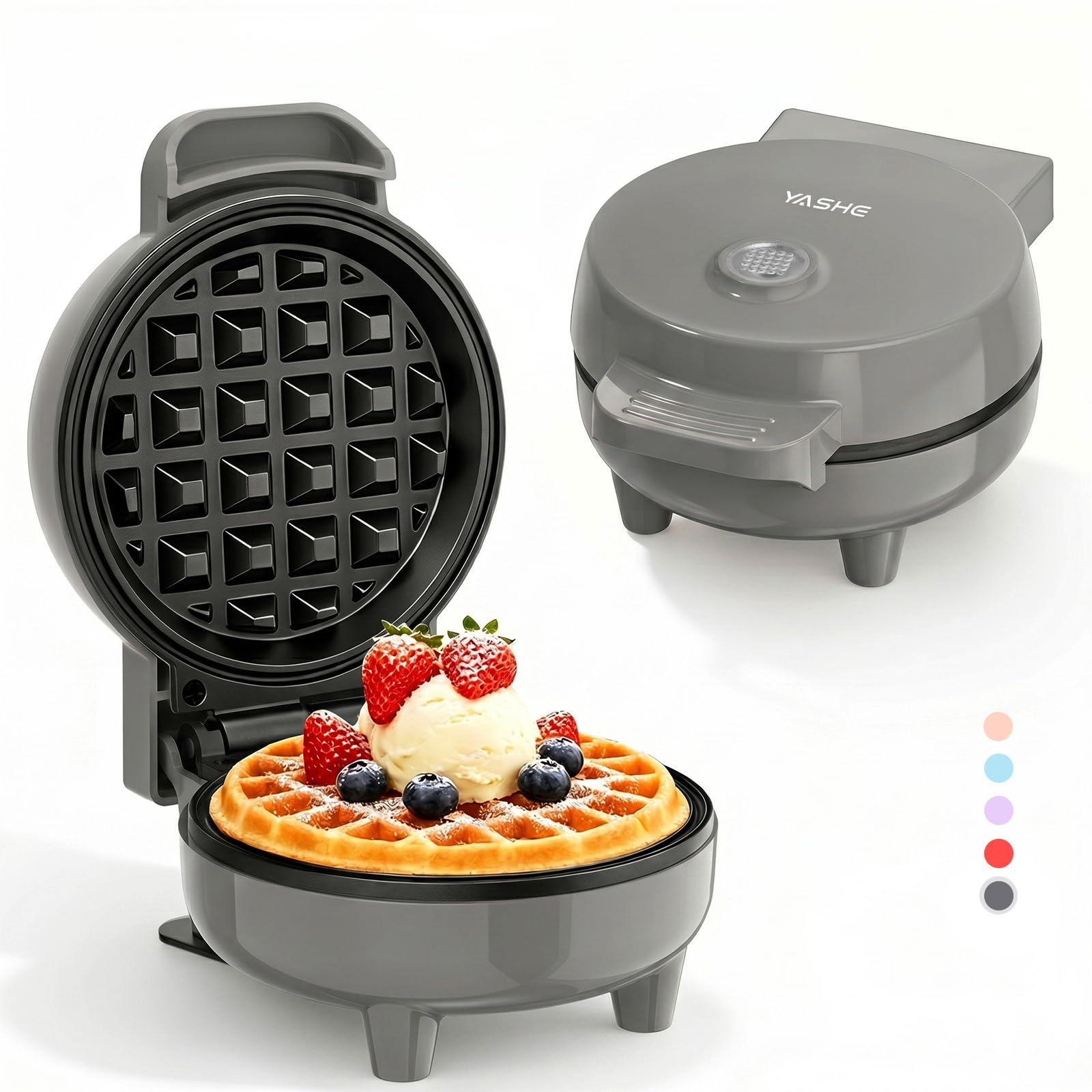 YASHE Mini Waffle Maker, 550W Mini Waffle Iron with Non Stick Plates, Ready Indicator Light, Cool Touch Handle, Compact Small Waffle Machine for Breakfast, Desserts & Snacks, Grey