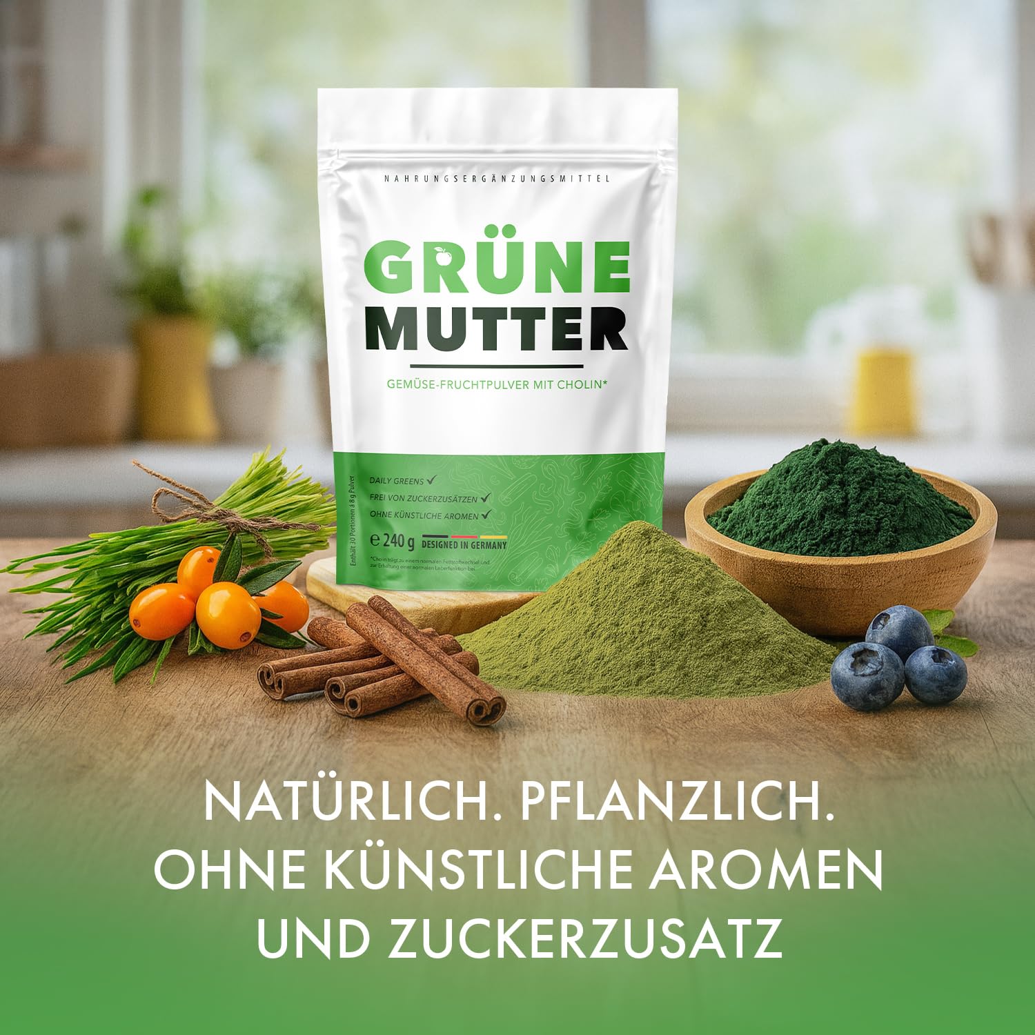 Grüne Mutter Pulver | Mit wertvollen Inhaltsstoffen | Neutral im Geschmack | 240g