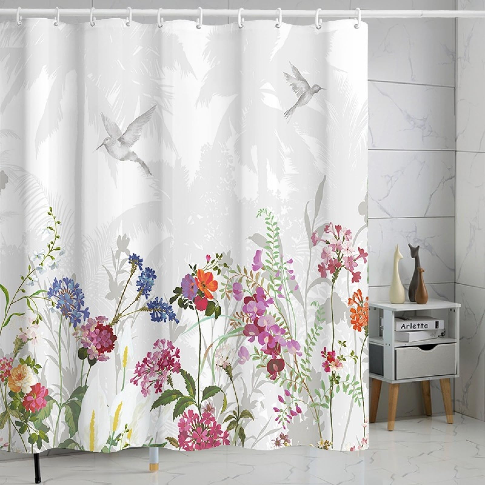 Shower Curtains Grey Hummingbird Flower Wet Room Shower Curtain Mould Proof Resistant Waterproof Polyster Fabric Washable with 12 Hooks Garden Bathroom Curtains (180x180cm)