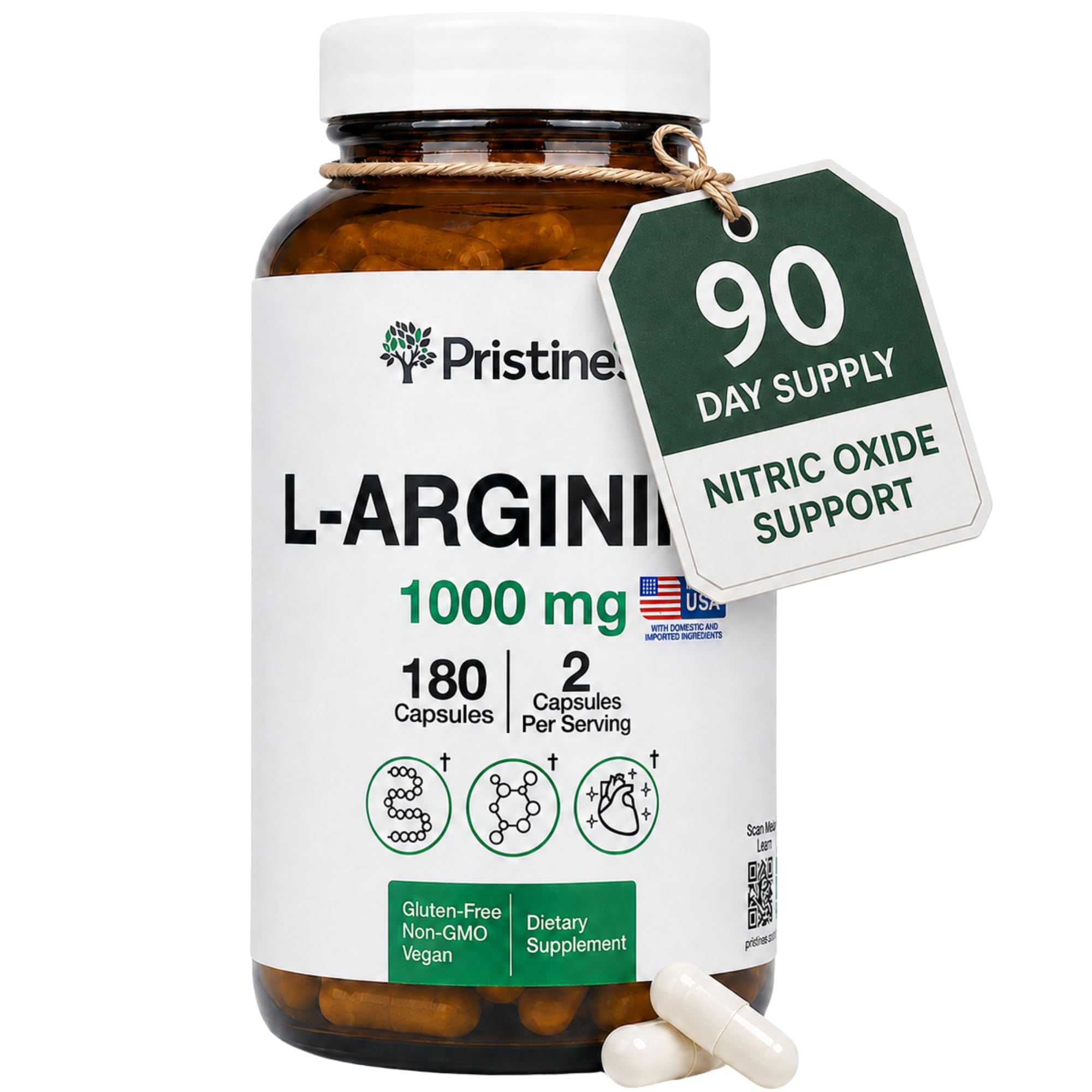 PRISTINE'S L-Arginine 1000mg Capsules, Nitric Oxide Blood Flow Support