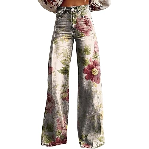 Boho Jeans for Women 2024 2025 New Vintage Wide Leg Fashion High Waisted Denim Pants 90s Floral Printed Comfortable