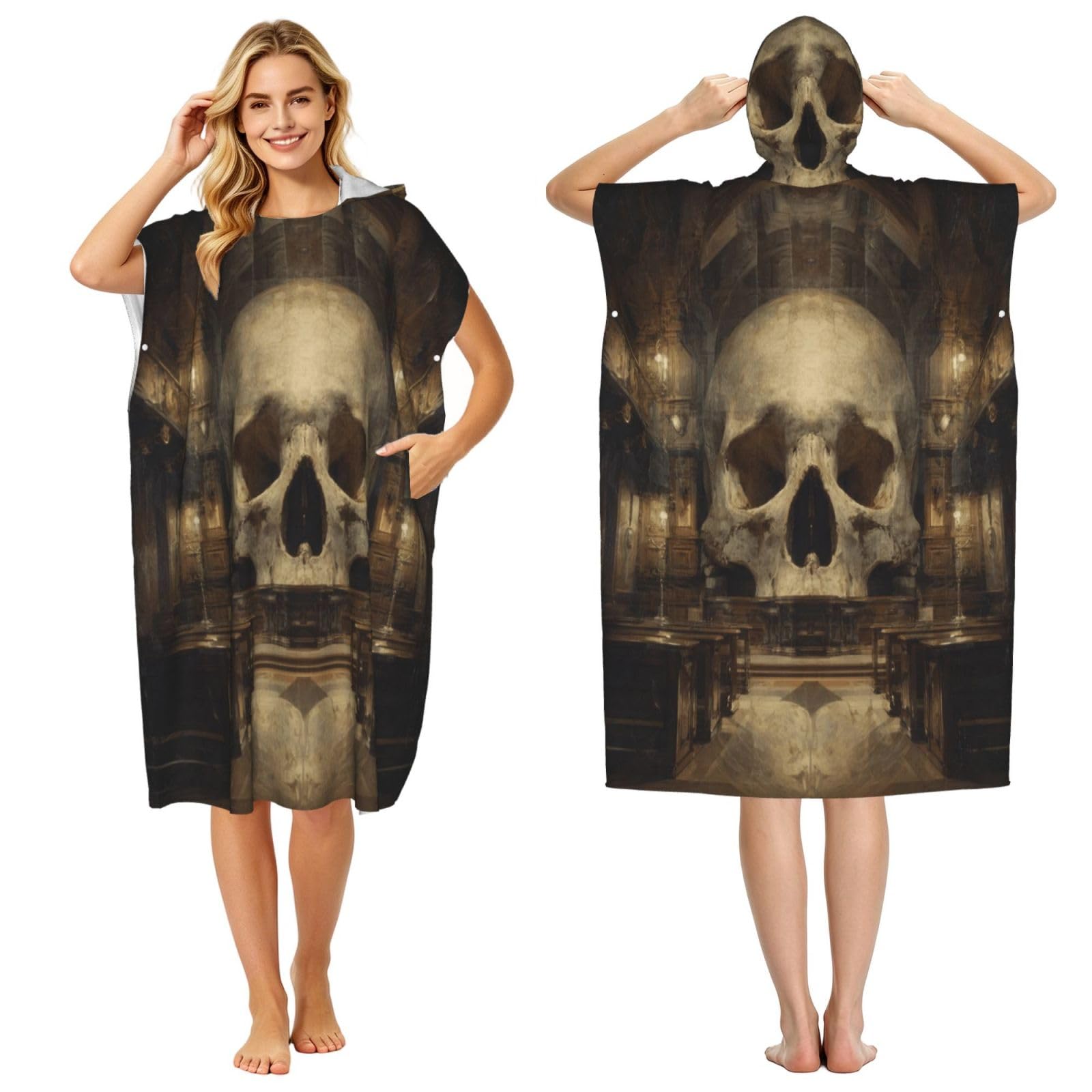 KLGRTJHK Skeleton Temple Adult Hooded Beach Poncho Towel 43"X35"