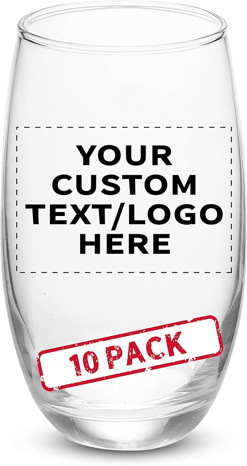 DISCOUNT PROMOS 10 Mikonos Clear Stemless Wine Glasses Set, 15 oz. - Customizable Text, Logo - Barware, Glassware - Clear