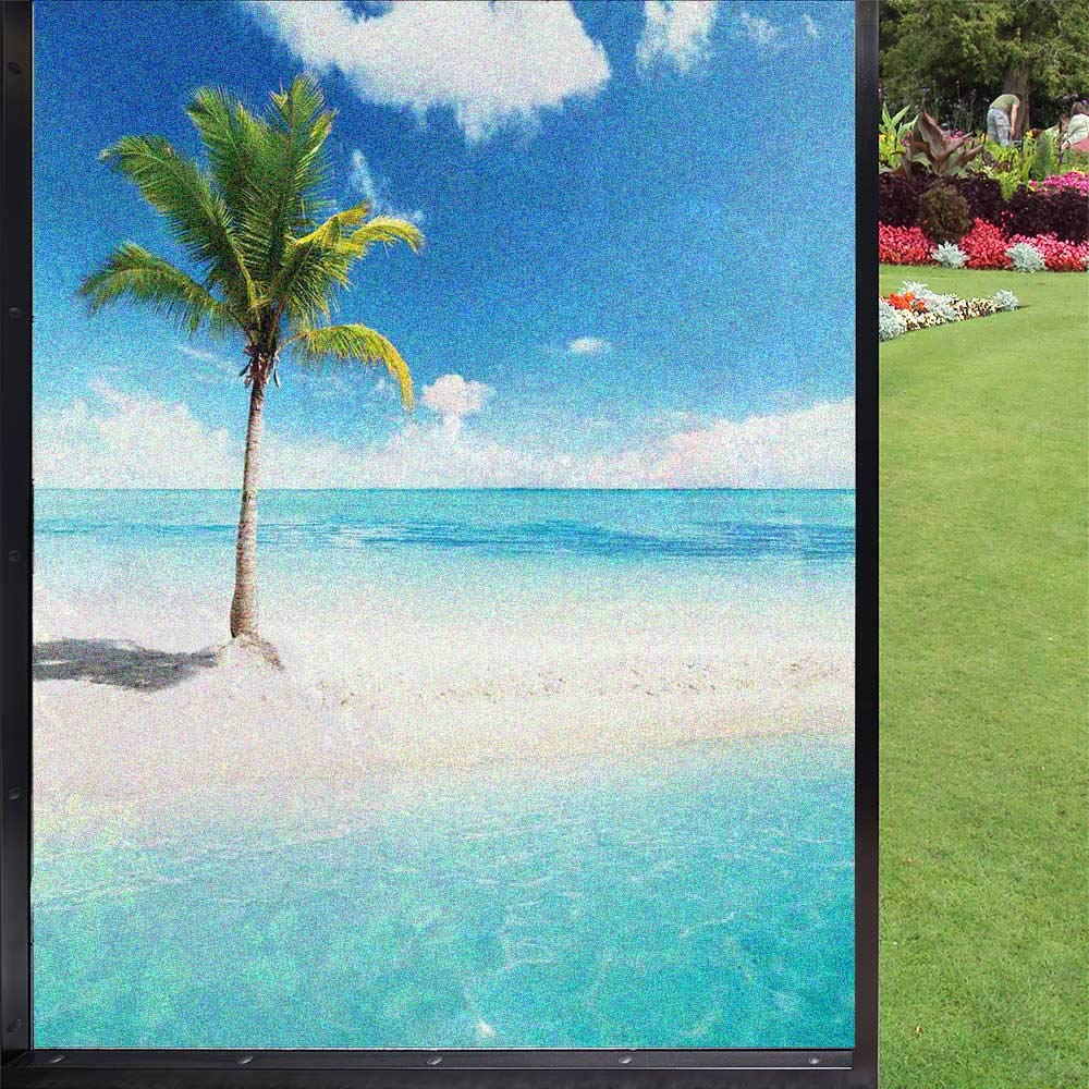 Ocean Window Film Frosted Glass Film,Idyllic Scenery Seashore Picture Sun Rays View with Palm Tree Tropical Beach Glass Flower Window Film for Living