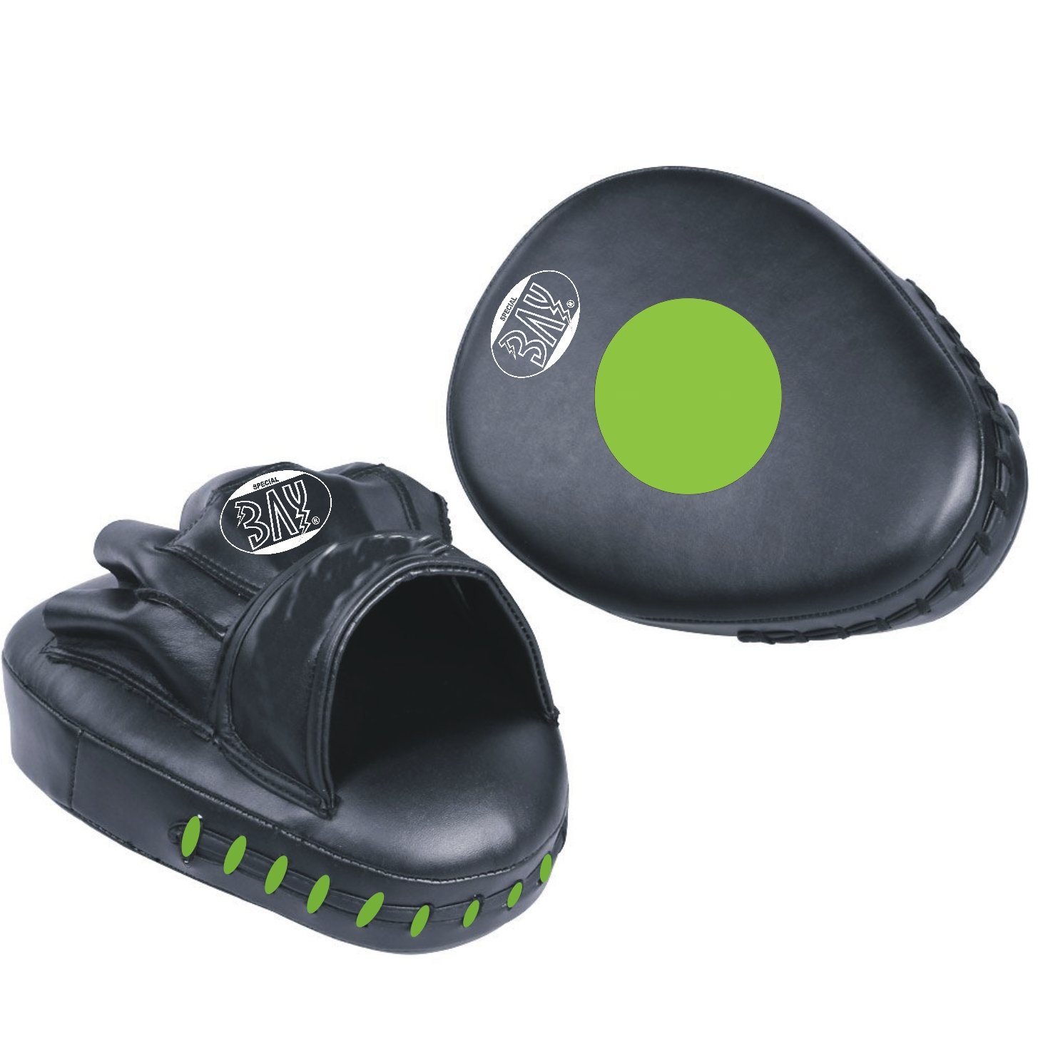 BAY Handpratzen aus Echtleder, Ergonomische Schlagpolster mit Vorkrümmung für Kampfsport, Schwarz-Solar Grün, 2 Stück