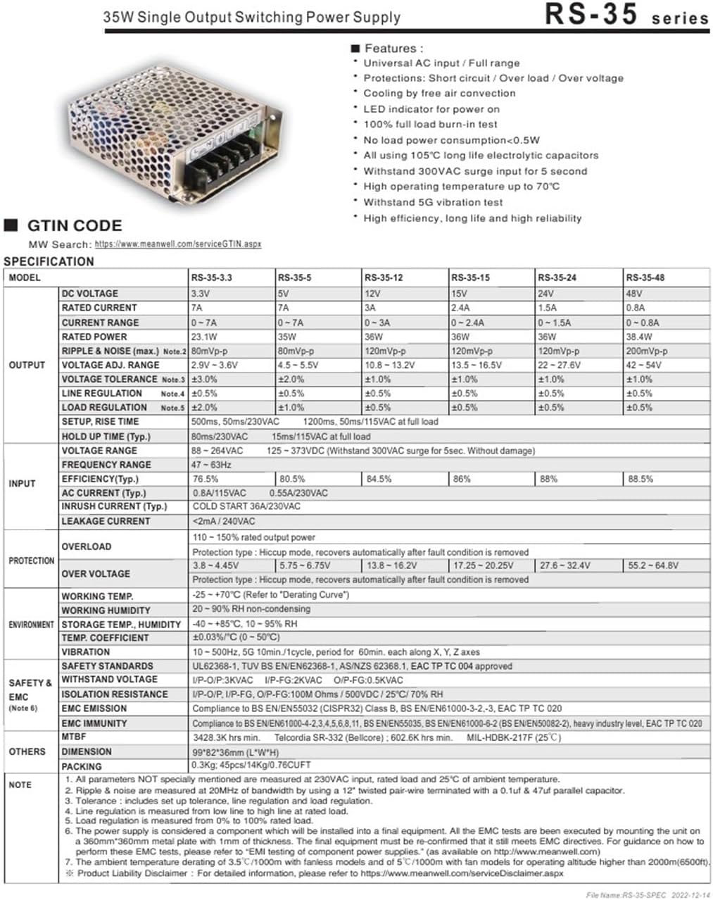 電源 35 W RS-35-3.3 RS-35-5 RS-35-12 RS-35-15 RS-35-24 RS-35-48(RS-3