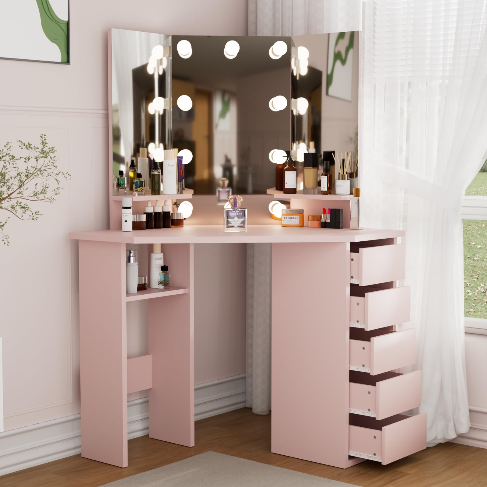 Likein Corner Vanity Desk - Vanity Desk with 4 Drawers and Mirror, Makeup Vanity with Lights, Vanity Table Makeup Desk with Mirror for Women Girls Bedroom, Pink