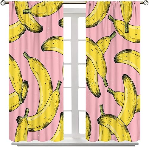 Miniatura 8 de Cortinas de frutas maduras de plátano amarillo y rosa impresión artística para sala de estar, dormitorio, cocina, decoración con bolsillo para