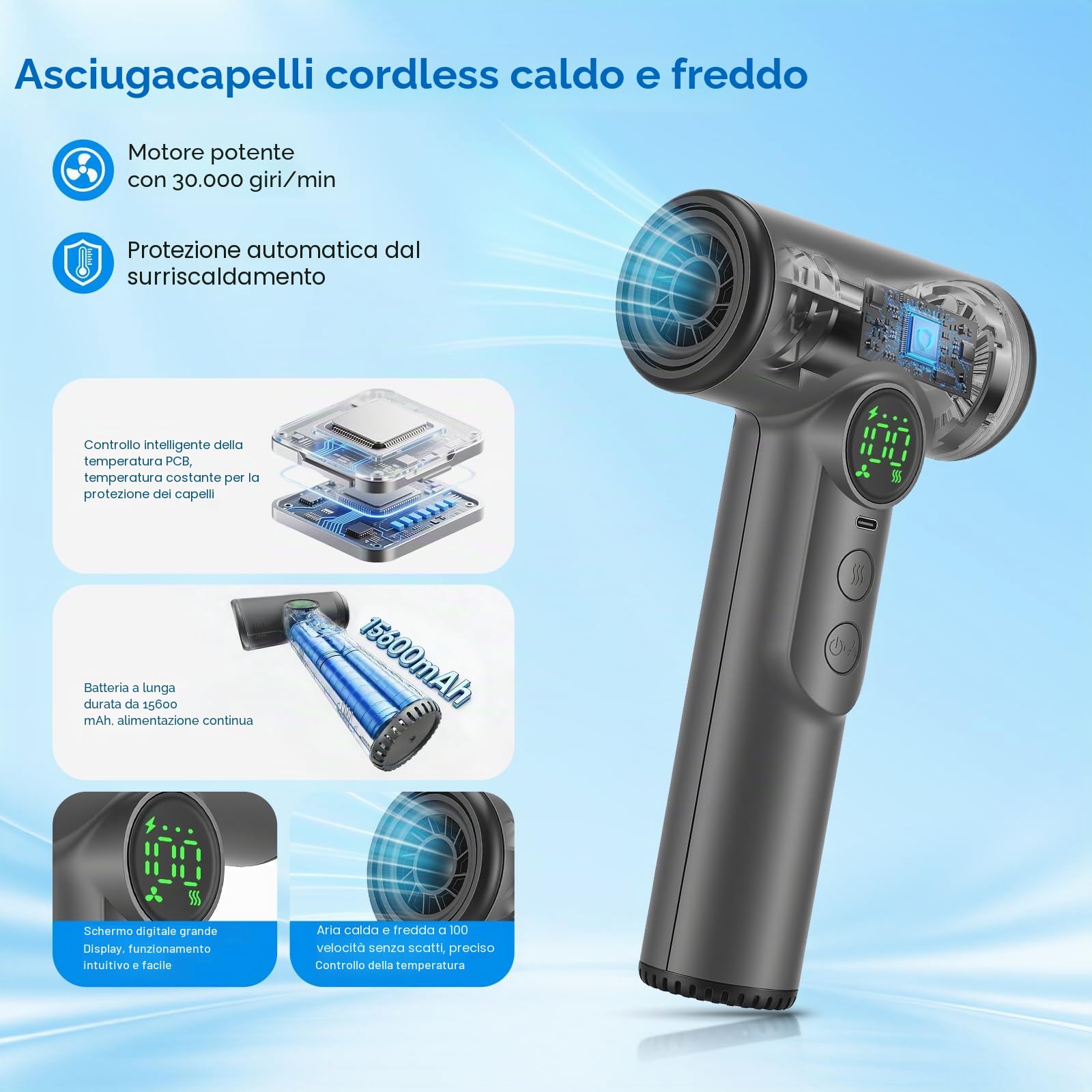 Asciugatrice per Capelli Senza Fili 200 W da Viaggio, Asciugacapelli Mini Portatile USB C Ricaricabile, Asciugatrice a Batteria Senza Fili con Schermo Digitale, 3 Temperature (200 Watt)