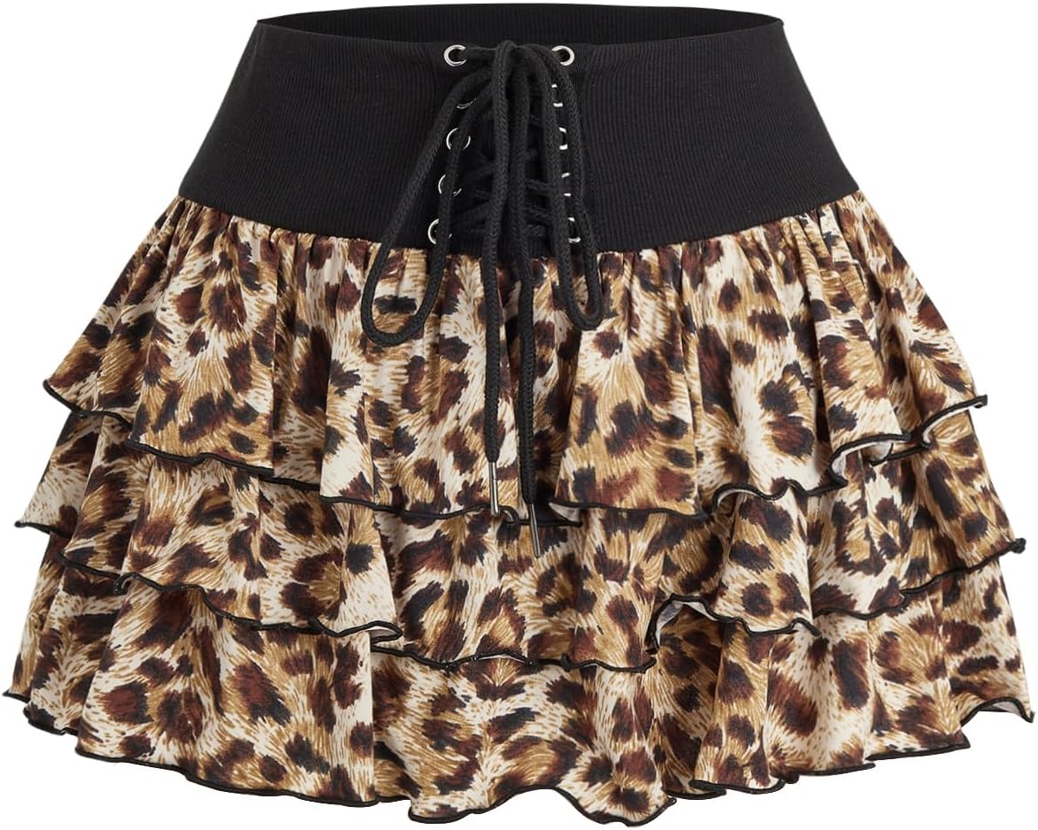 Verdusa Women's Leopard Print Tiered Layered Ruffle Mini Skirt Lace Up Tie Front Short Skirts