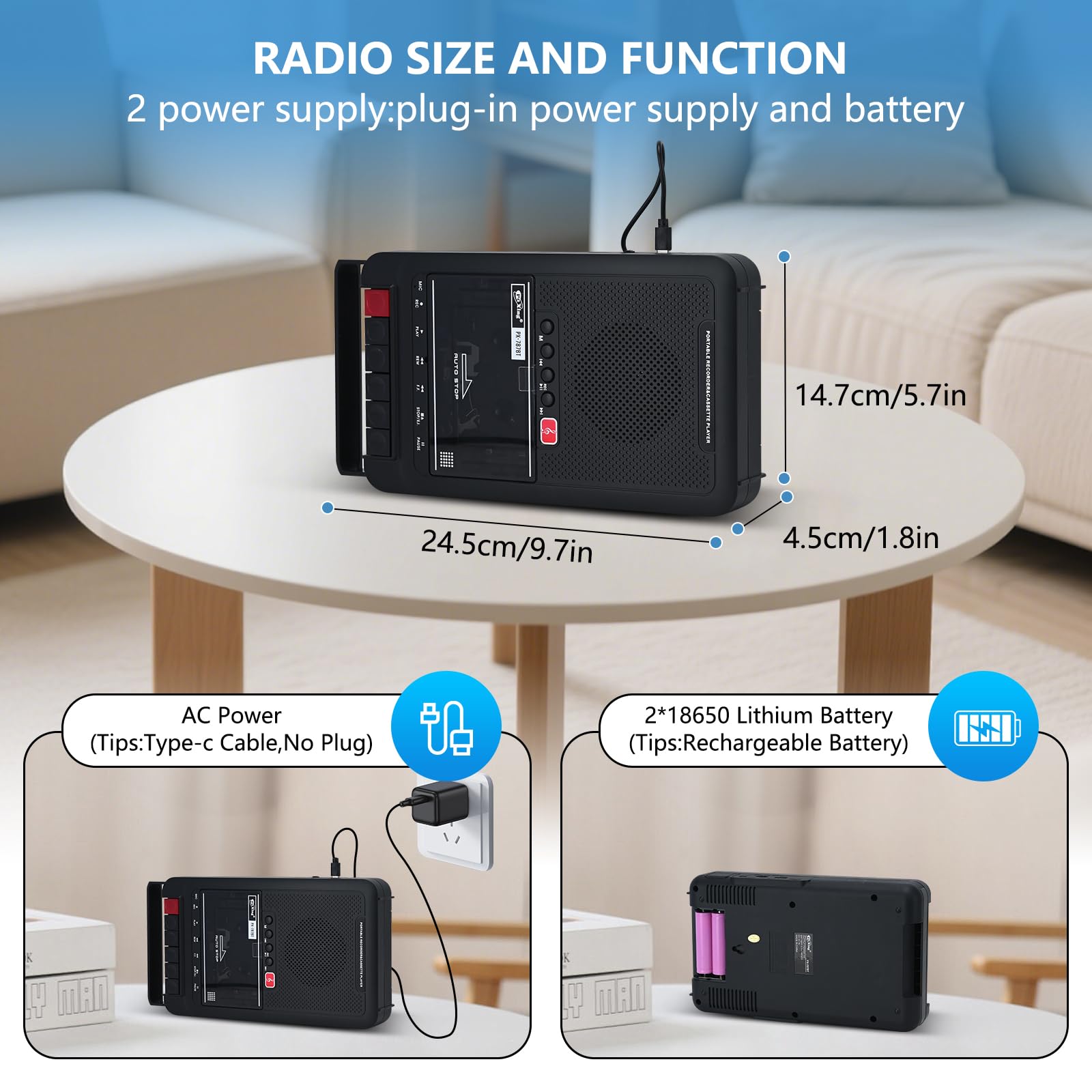 Boombox - Reproductor de casete portátil, retro, graba a casetes/USB/tarjeta TF a través de micrófono, reproductor de cinta de casete con conector para auriculares, calidad de sonido HiFi, portátil de