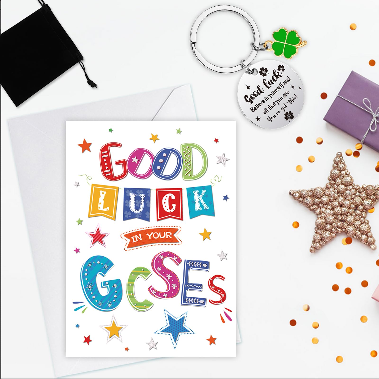 HOWAF GCSE Good Luck Gift for Boys Girls Good Luck GCSE Card GCSE Good Luck Card Exams Card with Envelope & Exam Gifts Four Leaf Clover Keyring Keychain Motivational Inspirational Positive Gifts - Image 4