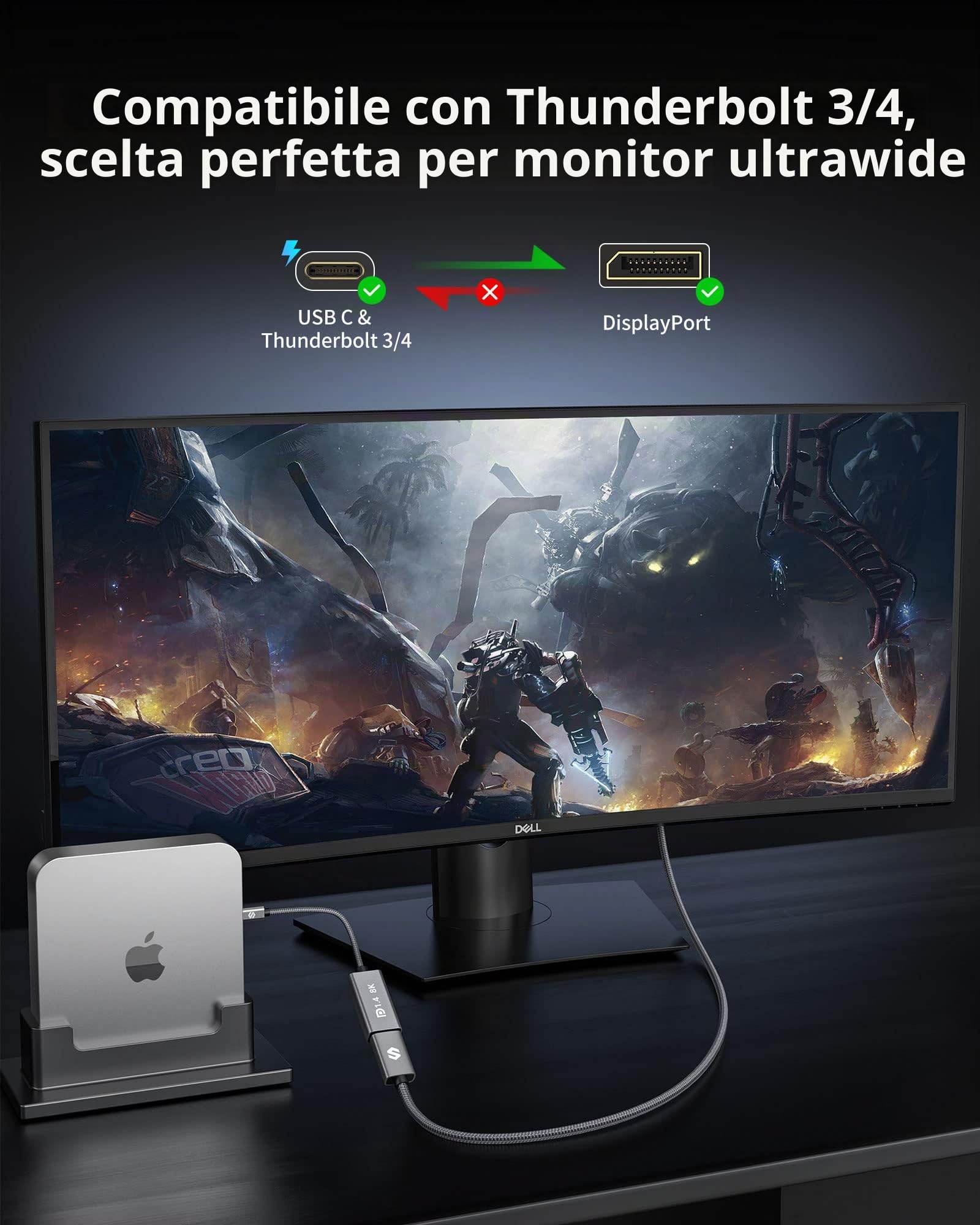 Silkland Adattatore USB-C a DisplayPort 1.4, [8K@60Hz, 4K@144Hz, 2K@240Hz] | 32.4Gbps, Adattatore Thunderbolt 4/3 a DisplayPort 1.4 per iPhone 17/16/15, MacBook Pro/Air, iPad Pro/Air, Galaxy S8-S26, XPS