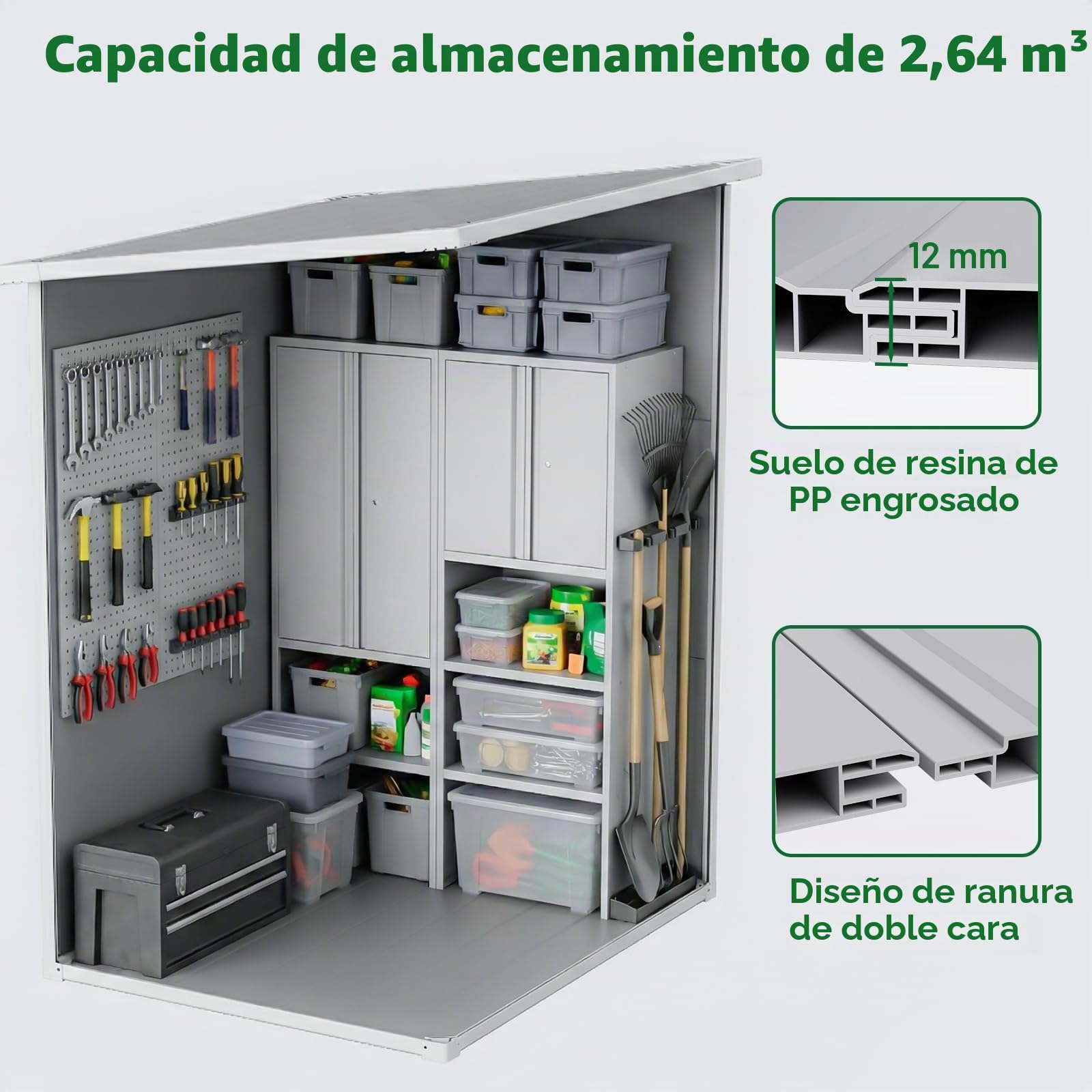 Caseta de plástico 138 × 110,5 × 182 cm, cobertizo con ventanas, techo inclinado y puerta segura, para guardar herramientas de jardín. Incluye placa de suelo, ideal para jardín, terraza