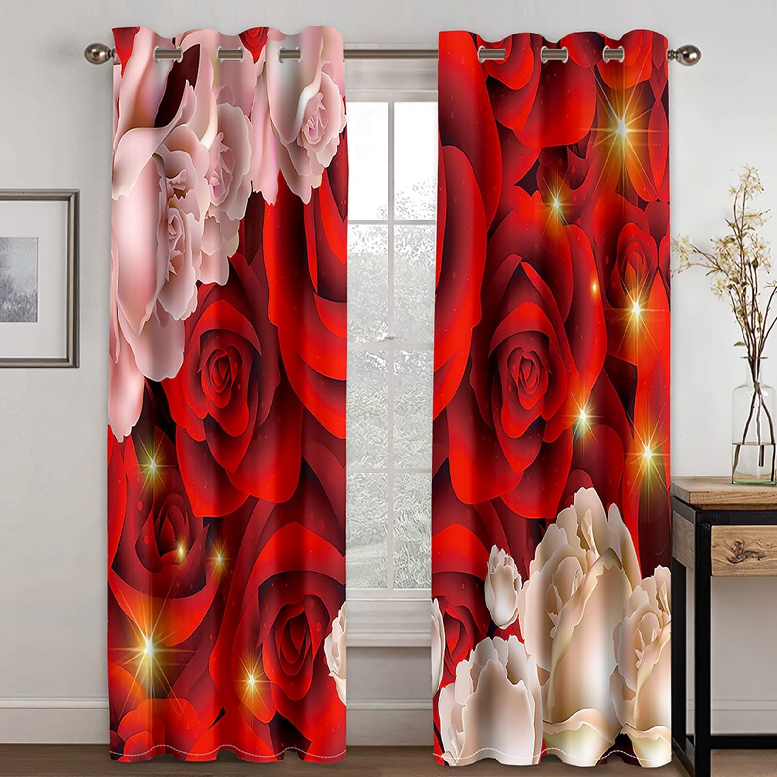 Blickdichte Vorhänge, Rosenblüten Verdunkelung 2 Paneele für Fenster Wohnzimmer/Küche, Rot Rosa, 137x214cm