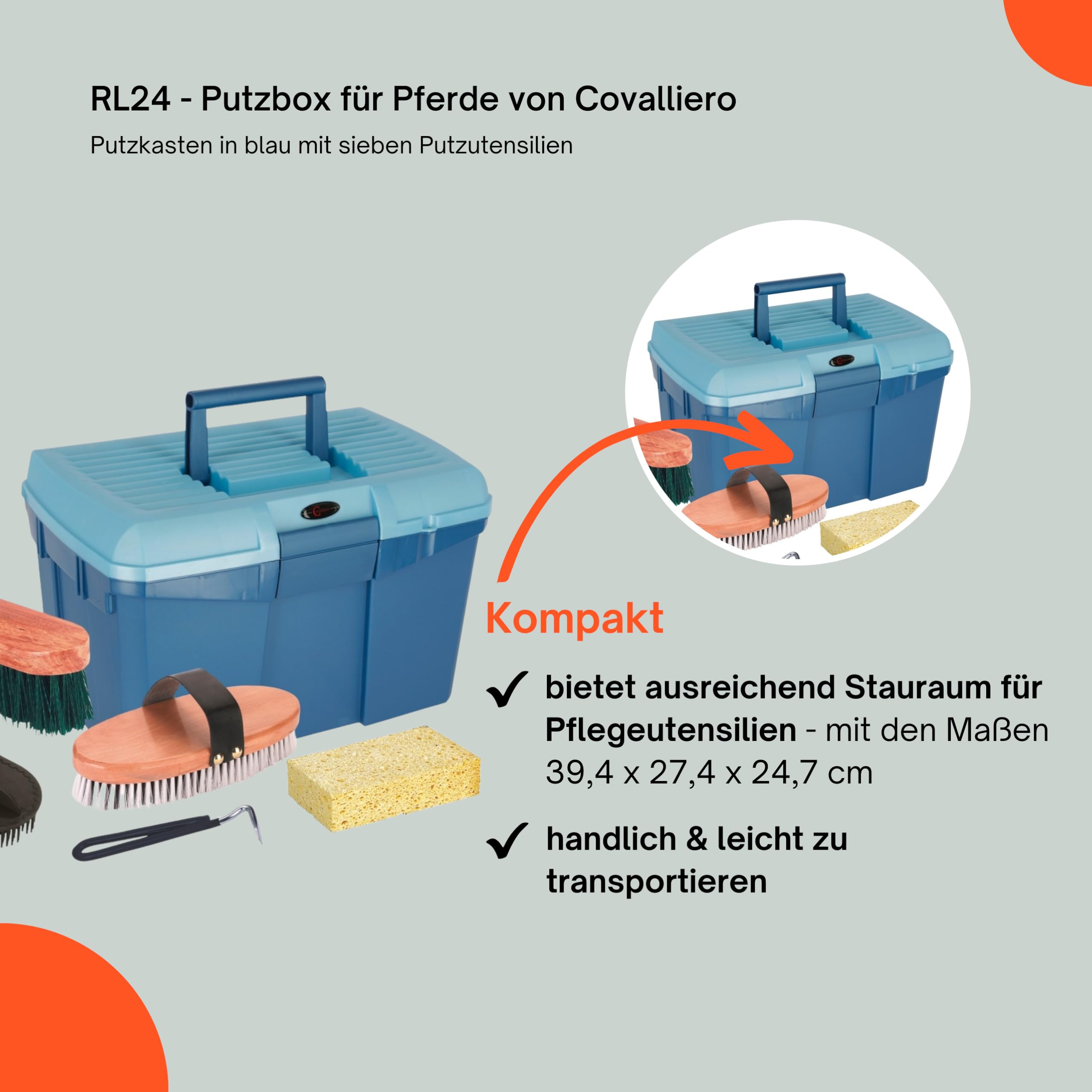 RL24 - Putzbox für Pferde von Covalliero | Putzkasten mit Hufreiniger, Mähnenkamm, Striegel, Schwamm, Kardätsche & Pferdebürste | Putzkoffer für Pferde | Pferdepflege Set 7-teilig