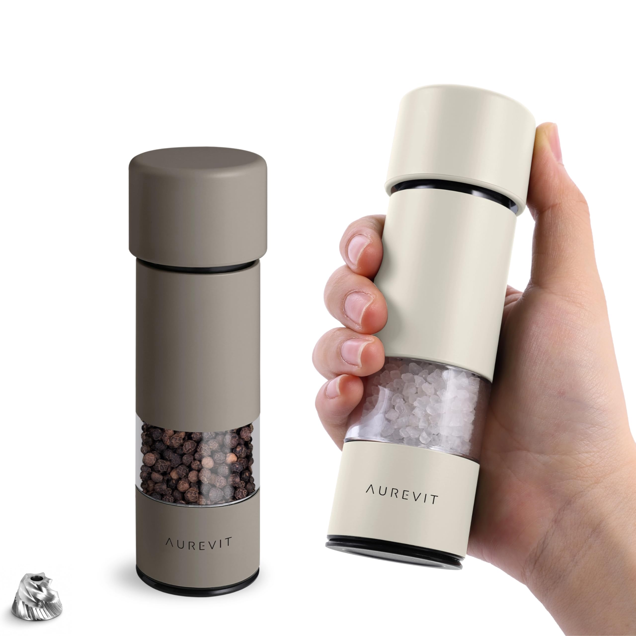Aurevit Small Salt and Pepper Grinder Set, Manual Pepper Mill with Ceramic/Stainless Steel Core, External Adjustable Coarseness, Refillable, Portable for Travel (2 Packs, Greige&Buttercream)