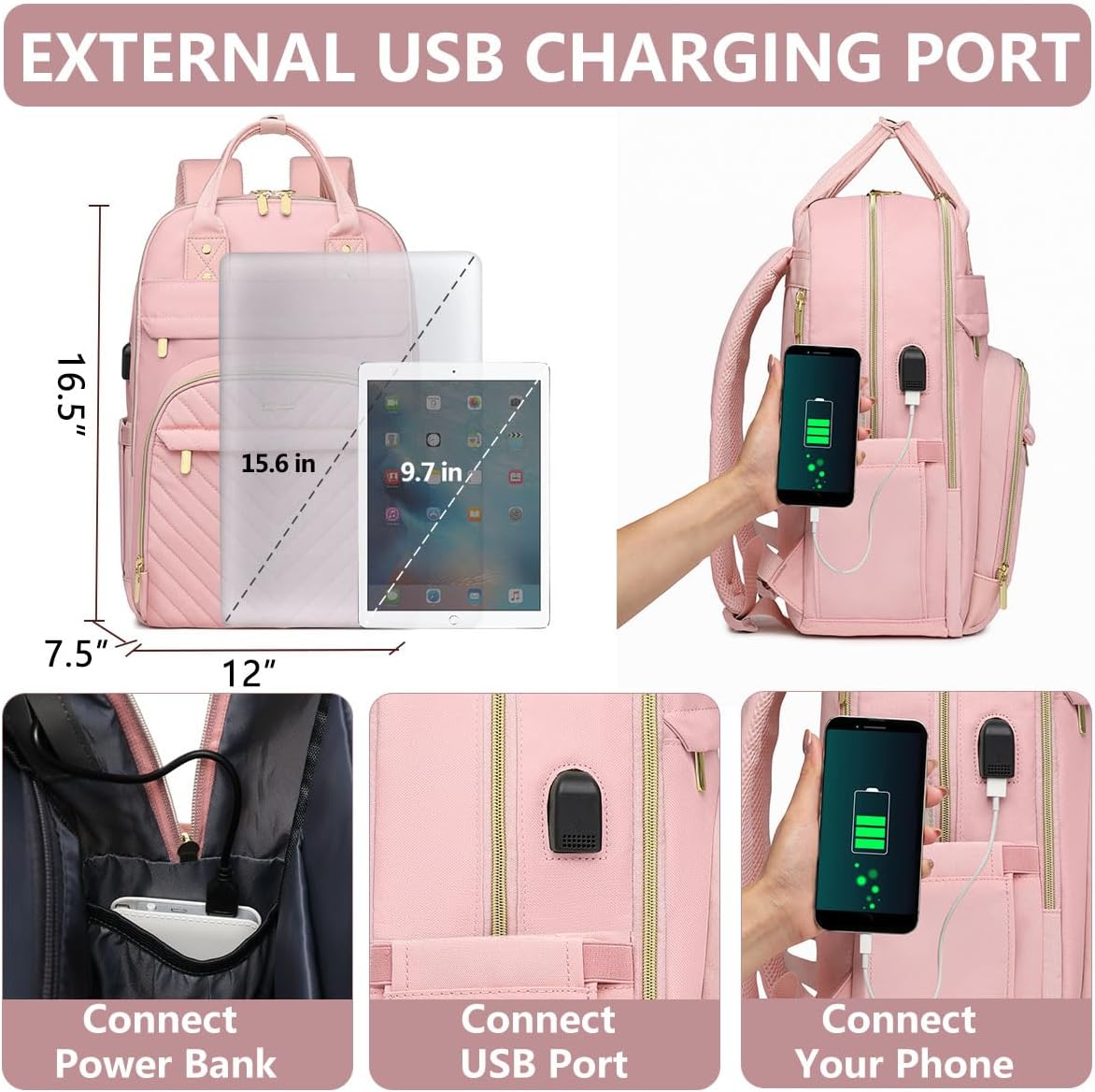 Laptop Backpack for Women Work Bag - 15.6 inch Travel Backpack with USB Charger Business Computer Backpacks for Office College Back pack for Teacher Casual Waterproof Bookbag for Nurses Pink - Image 4