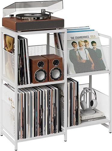 Miniatura 8 de Soporte para tocadiscos, mesa de tocadiscos con almacenamiento de vinilo con capacidad para hasta 300 álbumes, armario de almacenamiento para discos