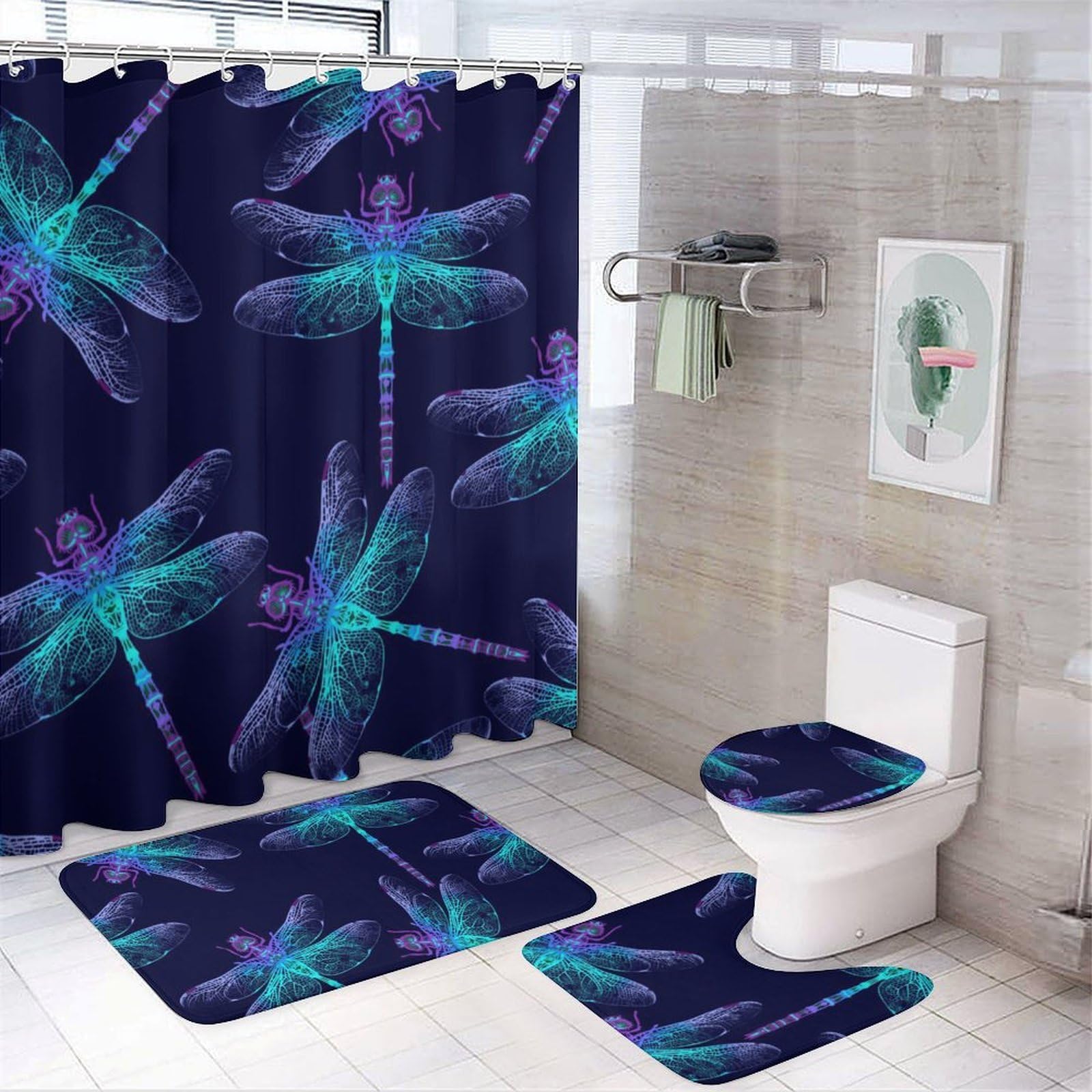 CGSBNGHA Aurora Dragonfly Shower Curtain Set 4 Piece Bathroom Sets with Rugs Toilet Lid Cover And U-Shaped Floor Mat