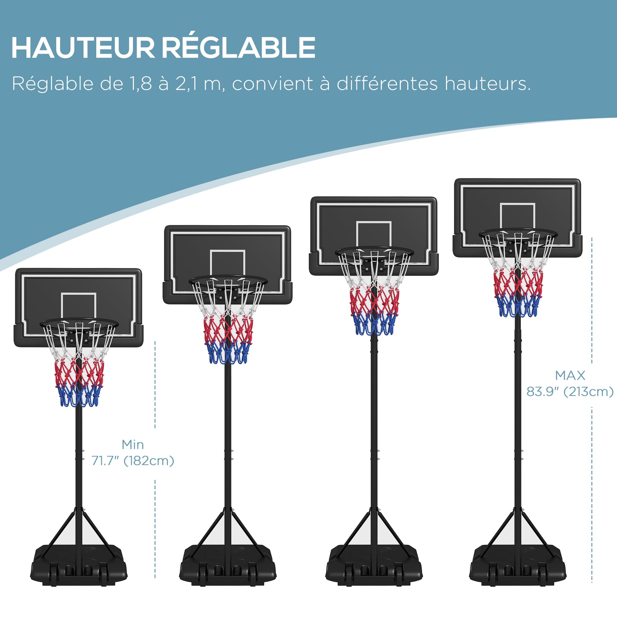 SPORTNOW Panier de Basket extérieur, Hauteur Ajustables 182-213/220-250 cm, Panier de Basket sur Pied à roulettes, avec Base de lestage, Cadre en Acier, Noir