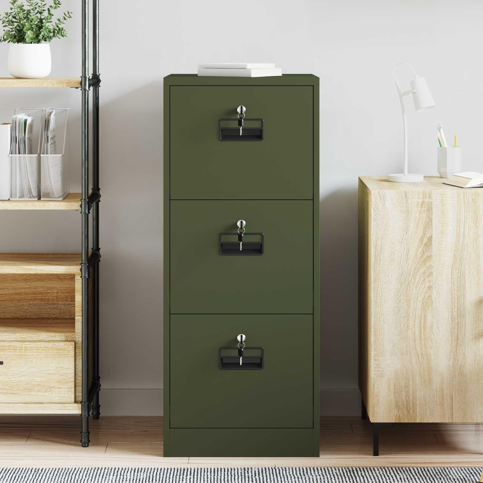 Aktenschrank Olive Grün aus Kaltgewalztem Stahl 44 x 50 x 106,5 cm mit 3 Schubladen, Ausziehbaren Regalen und Zylinderschlössern für Büro, Stauraum und Mehrzweck-Aufbewahrung