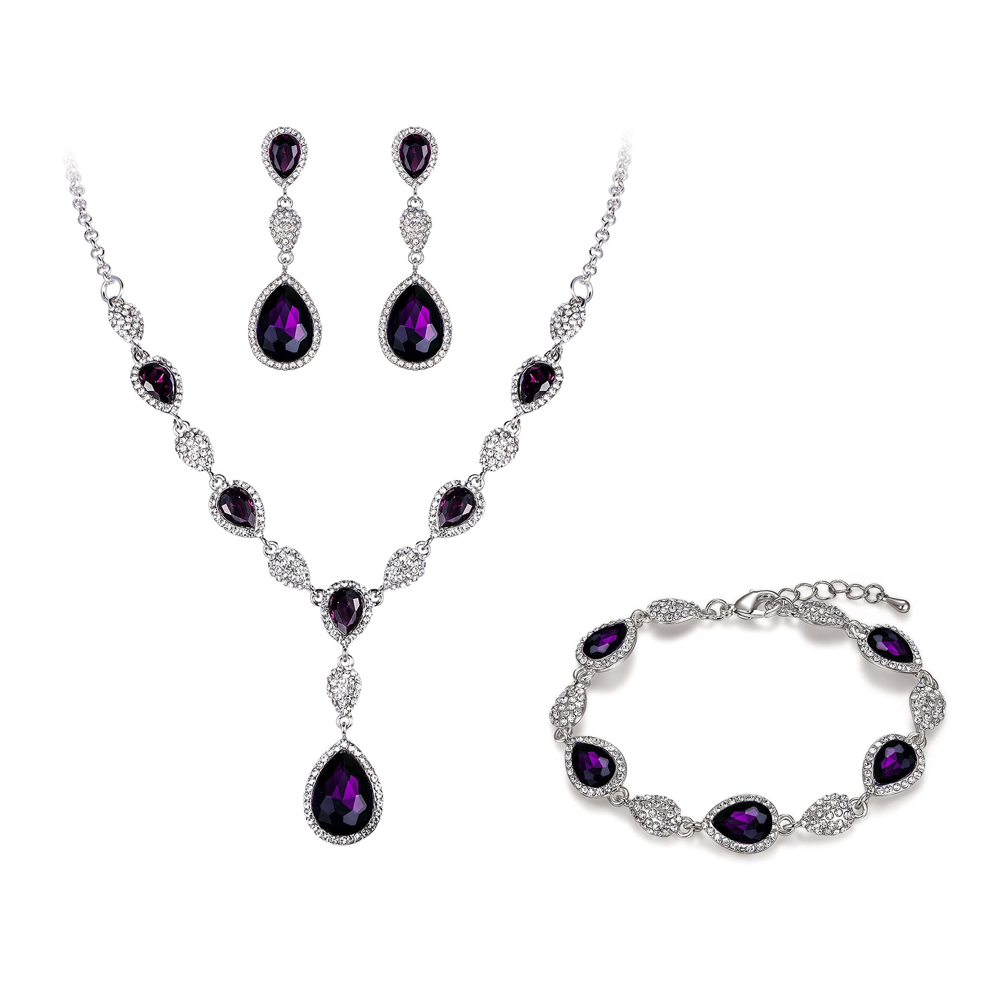 EleQueenWomen's Wedding Bridal Jewelry Sets for Brides Bridesmaids, Cubic Zirconia Teardrop Necklace Tennis Bracelet Dangle Earrings Jewellery Set