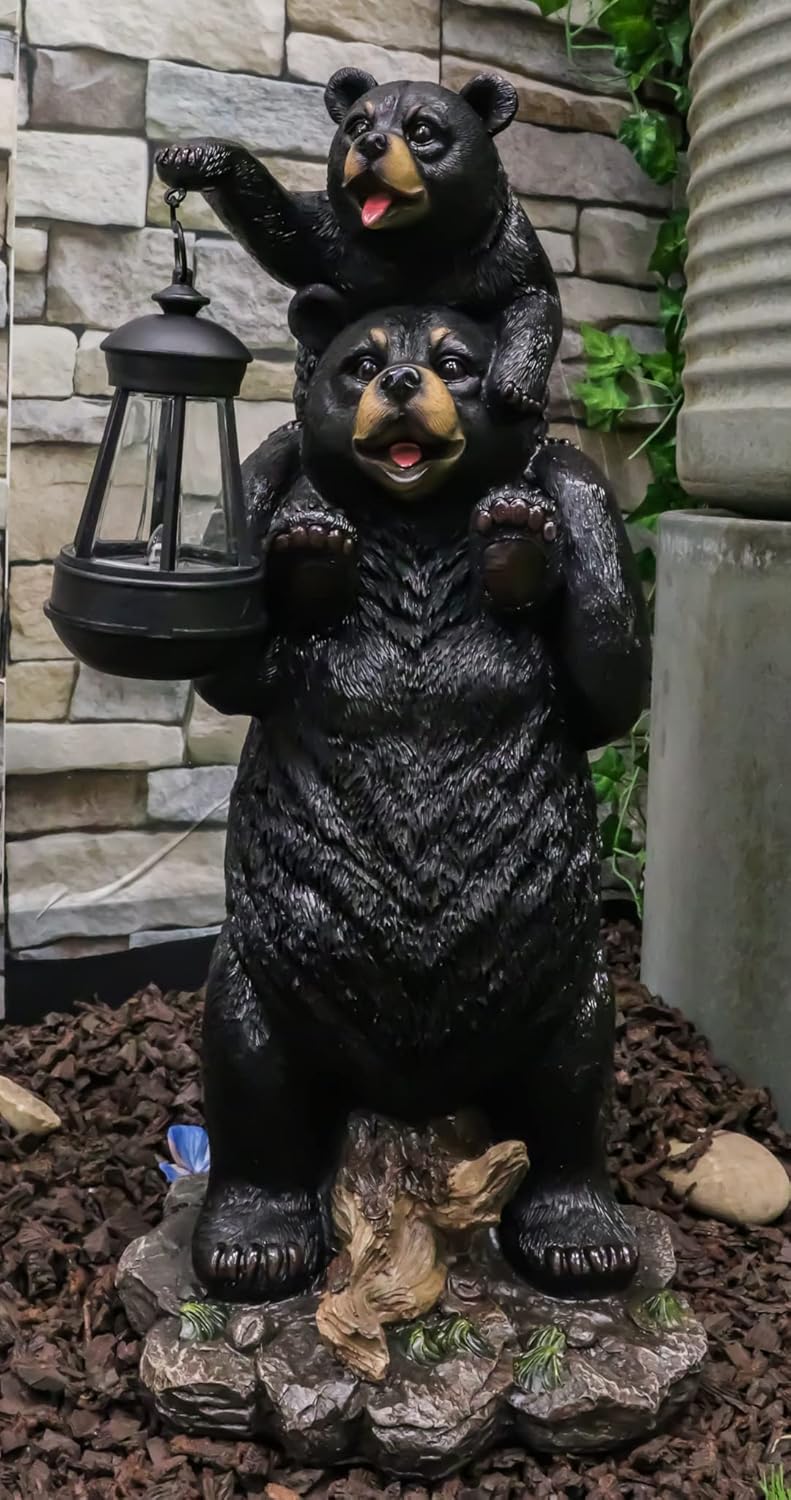Ebros Rustic Black Bear Family Statue 18.75" Tall with Solar LED Lantern Light - Realistic Wildlife Decor