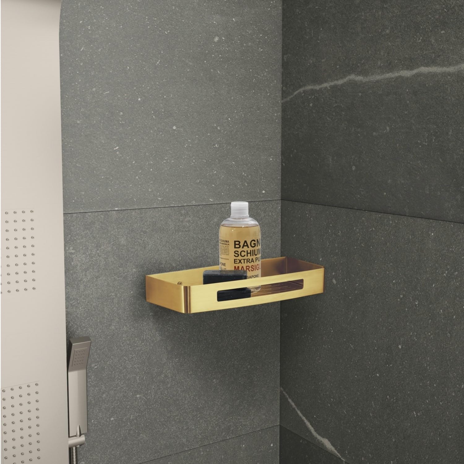Gedy Hanoi Mensola Doccia Rettangolare in Acciaio Inox AISI 304 Finitura Oro Opaca, Portaoggetti Doccia Misure L 30 x P 12,8 x H 4,5 cm, Fissaggio a Muro con Viti Incluse, Impermeabile, Antiruggine
