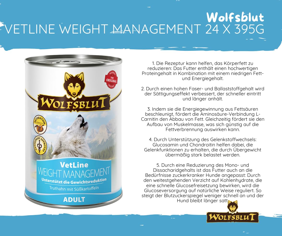 Wolfsblut Vetline Hundefutter - Weight Management, 24x395g - Sparbundel, Sparpaket - inklusive Warnicks Tierfutterservice Hundesnack Goodie