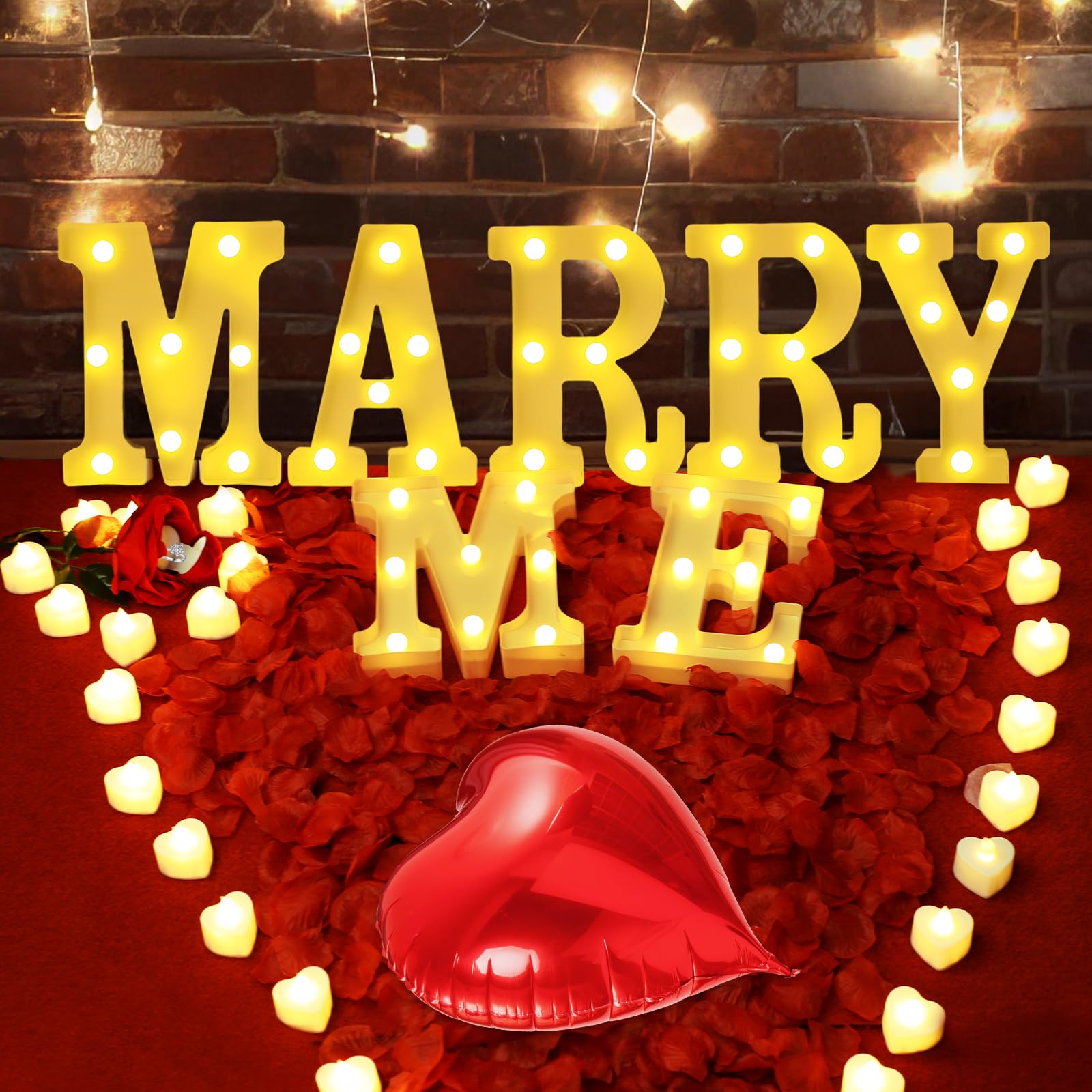 6147pcs Marry Me LED Marquee Letters + Heart Lights + Balloons + Rose Petals – Proposal & Wedding Decor Kit
