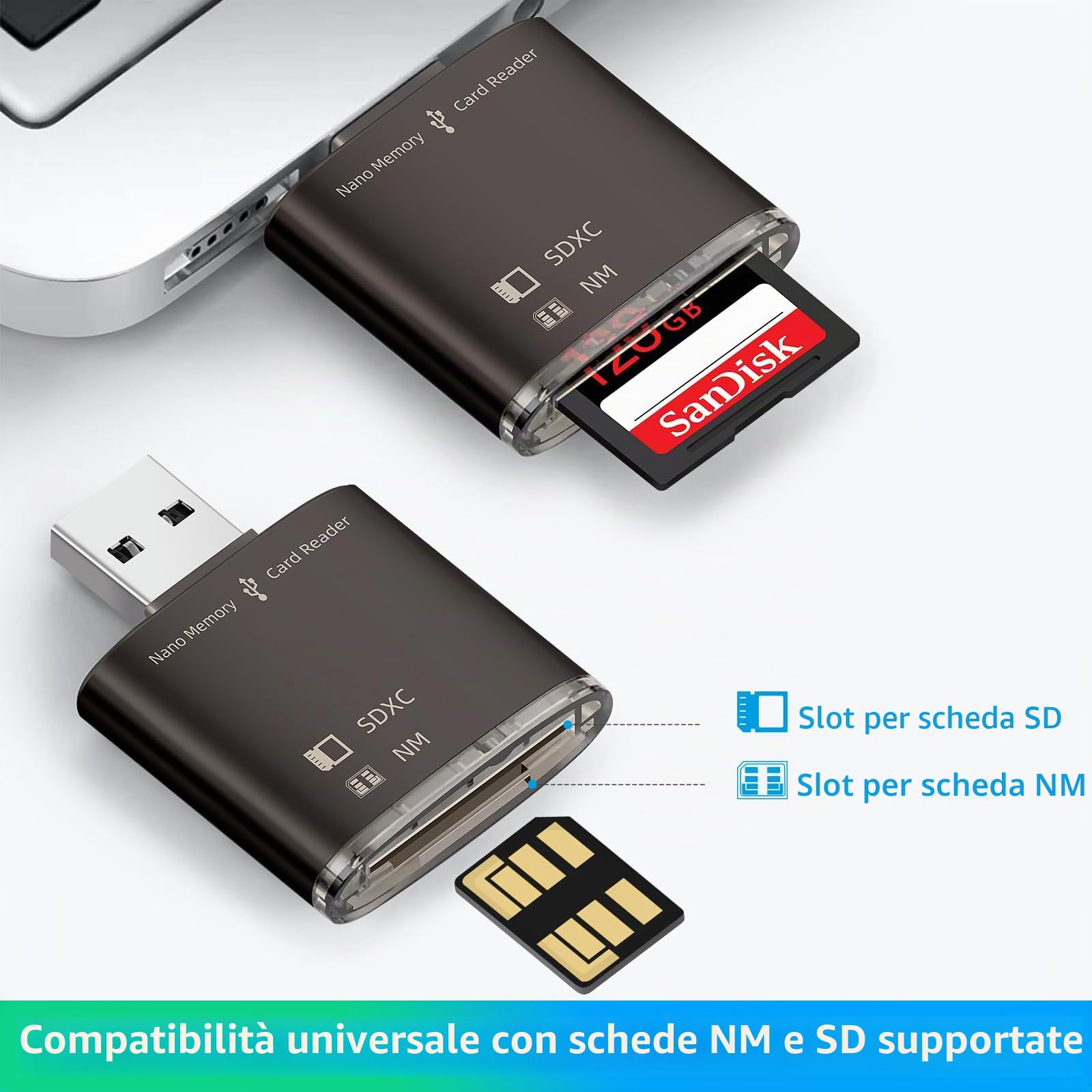 YAOMAISI Lettore di schede USB 3.0 per scheda NM Card/SD Card, adatto per tutti i modelli di telefoni cellulari e laptop (nota: nessuna scheda NM/SD) Nero