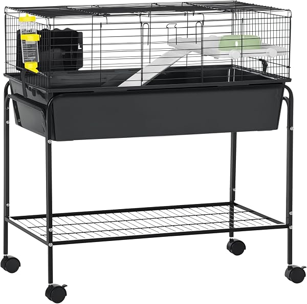 PawHut Two-Story Small Animal Cage Removable from Stand, Guinea Pig Cage with Shelf & Wheels, Pet Habitat for Hedgehog,
