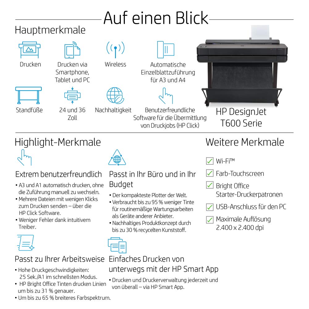 HP DesignJet T650 Großformatdrucker, 36 Zoll, bis zu A0, mobiles Drucken, Wi-Fi, Gigabit Ethernet, Hi-Speed USB 2.0 (5HB10A), Schwarz